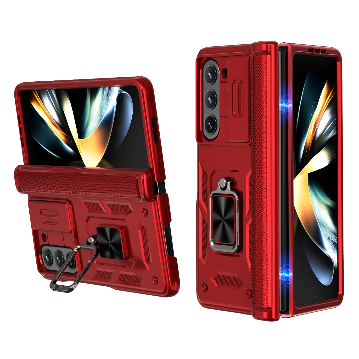 For Samsung Galaxy Z Fold5 5G Phone Case with Hinge PC + TPU Cover with Kickstand and Slide Camera Lid - Red