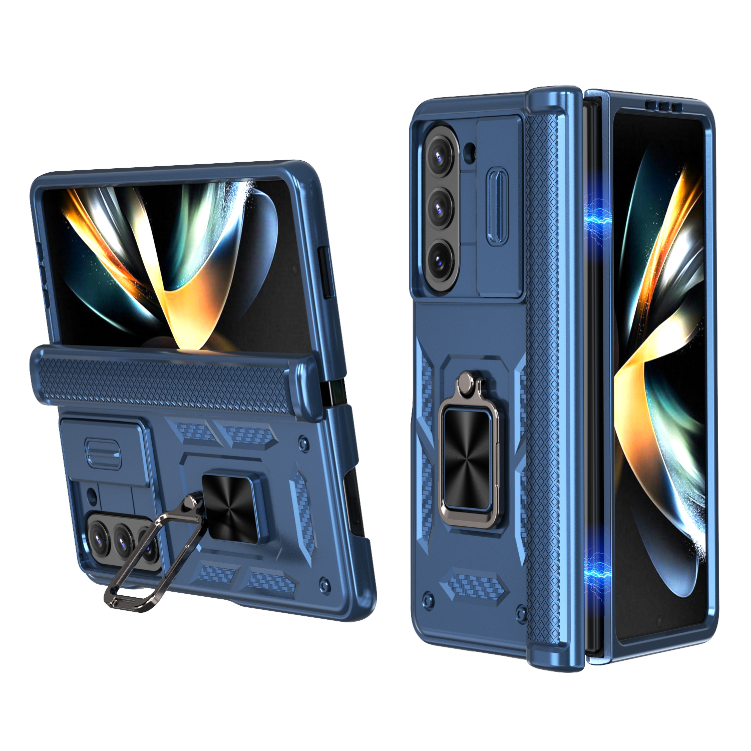 For Samsung Galaxy Z Fold5 5G Phone Case with Hinge PC + TPU Cover with Kickstand and Slide Camera Lid - Blue