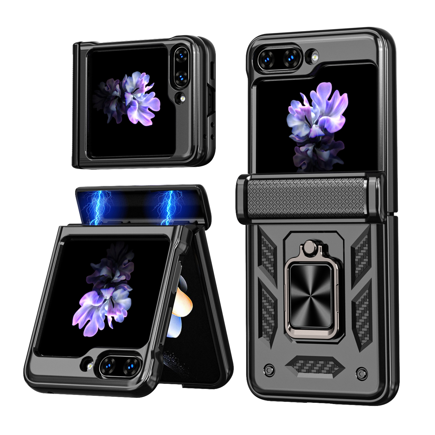 For Samsung Galaxy Z Flip5 5G Phone Case with Hinge PC + TPU Cover with Kickstand and Slide Camera Lid - Black