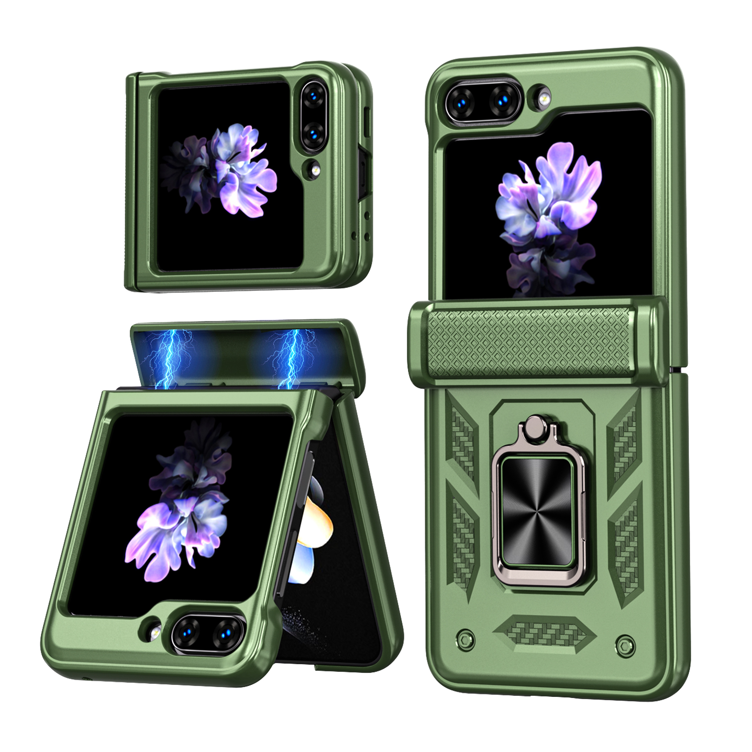For Samsung Galaxy Z Flip6 5G Phone Case with Hinge PC + TPU Cover with Kickstand and Slide Camera Lid - Green