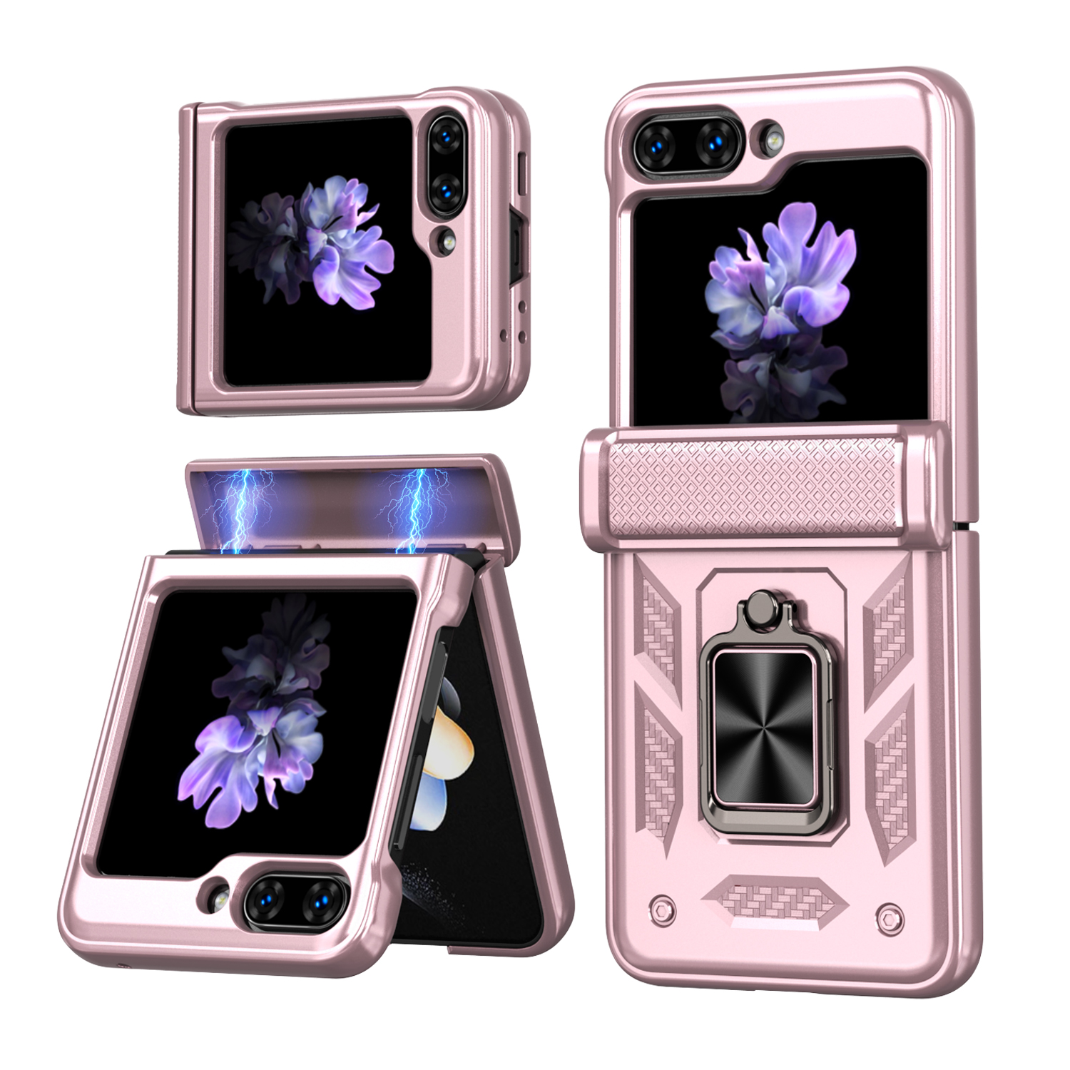 For Samsung Galaxy Z Flip6 5G Phone Case with Hinge PC + TPU Cover with Kickstand and Slide Camera Lid - Rose Gold