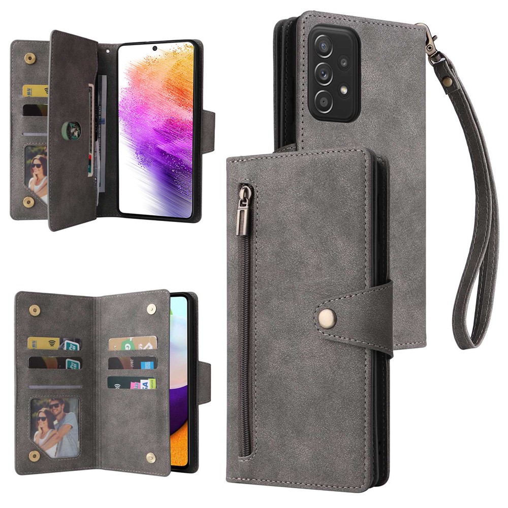 For Samsung Galaxy A73 5G Zipper Pocket Design Cell Phone Case Rivet Buckle PU Leather Phone Cover Stand Wallet with Strap - Grey