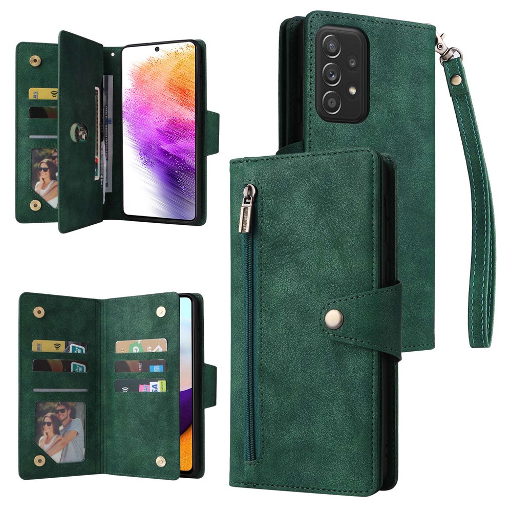 For Samsung Galaxy A73 5G Zipper Pocket Design Cell Phone Case Rivet Buckle PU Leather Phone Cover Stand Wallet with Strap - Green