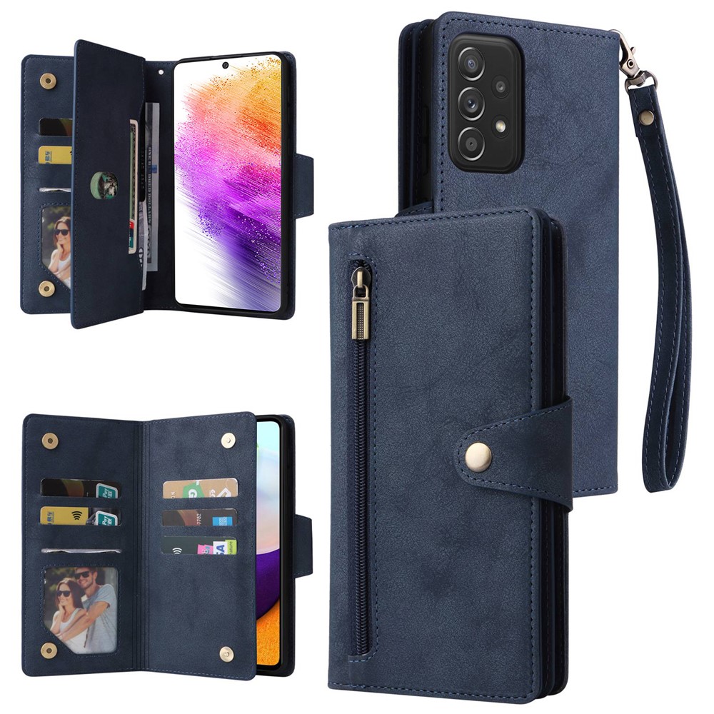 For Samsung Galaxy A73 5G Zipper Pocket Design Cell Phone Case Rivet Buckle PU Leather Phone Cover Stand Wallet with Strap - Blue