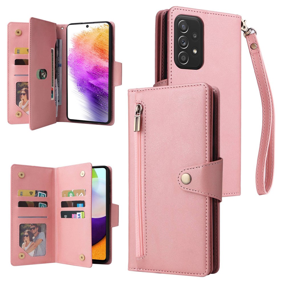 For Samsung Galaxy A73 5G Zipper Pocket Design Cell Phone Case Rivet Buckle PU Leather Phone Cover Stand Wallet with Strap - Rose Gold