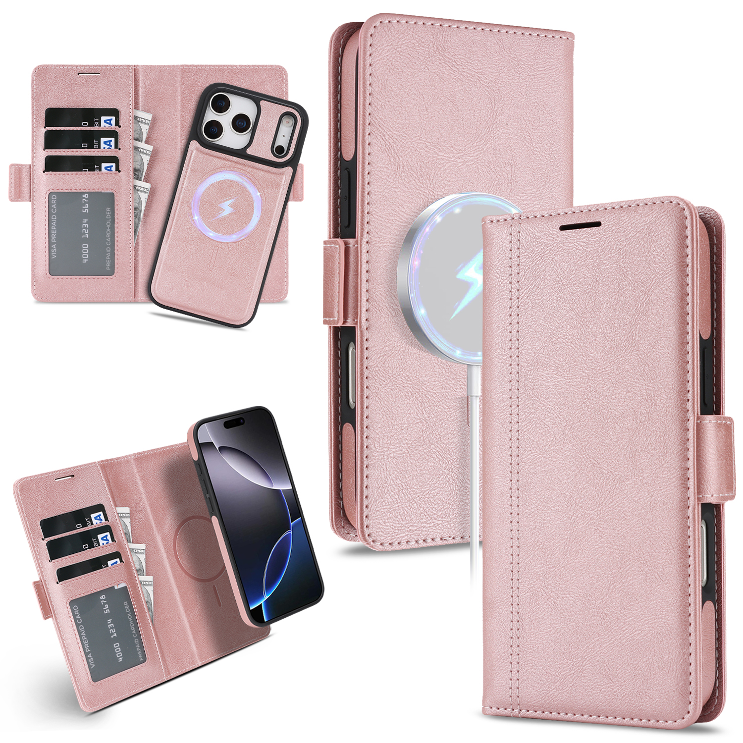 For iPhone 17 Pro Max Case Detachable 2 in 1 Leather Wallet Phone Cover Compatible with MagSafe - Pink
