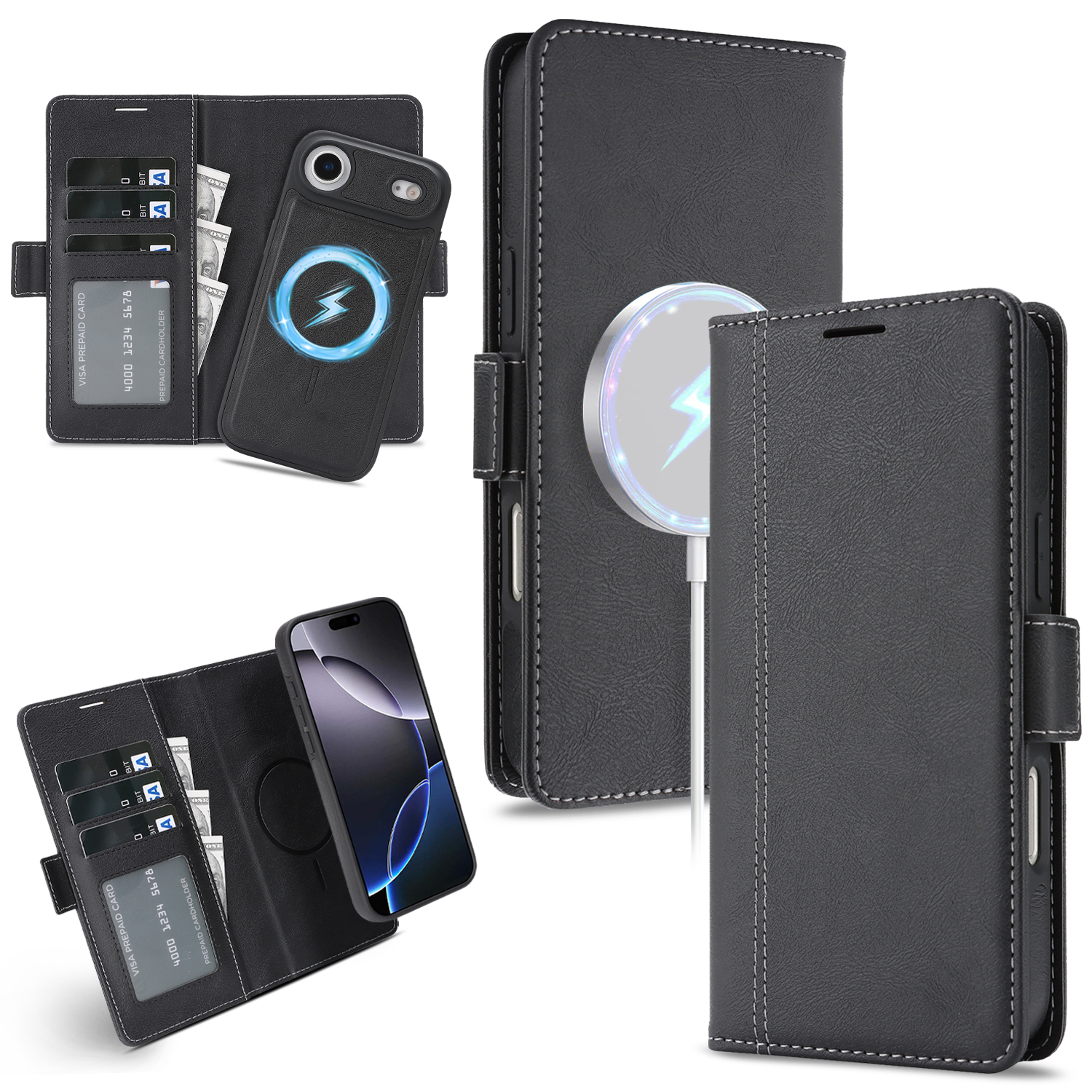 For iPhone Air Case Detachable 2 in 1 Leather Wallet Phone Cover Compatible with MagSafe - Black