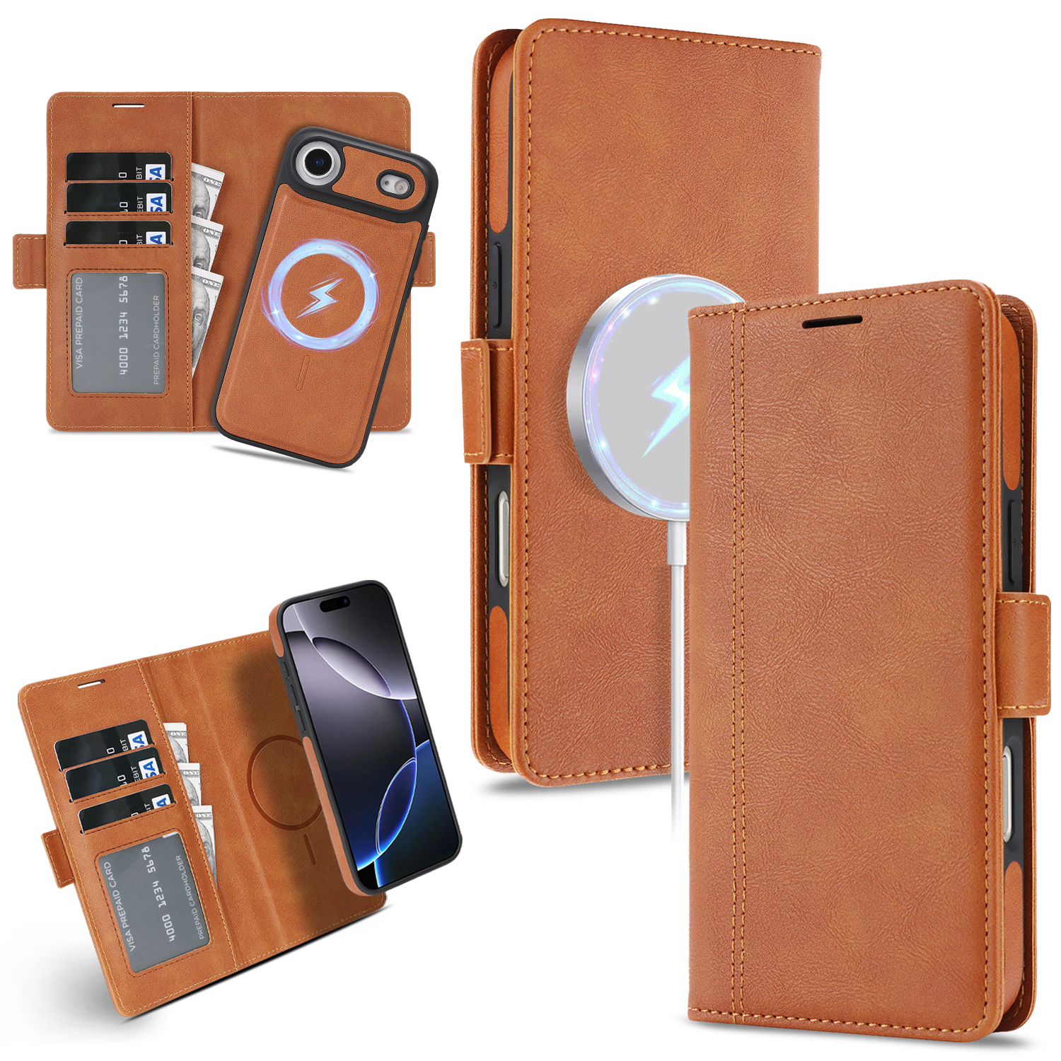 For iPhone Air Case Detachable 2 in 1 Leather Wallet Phone Cover Compatible with MagSafe - Brown