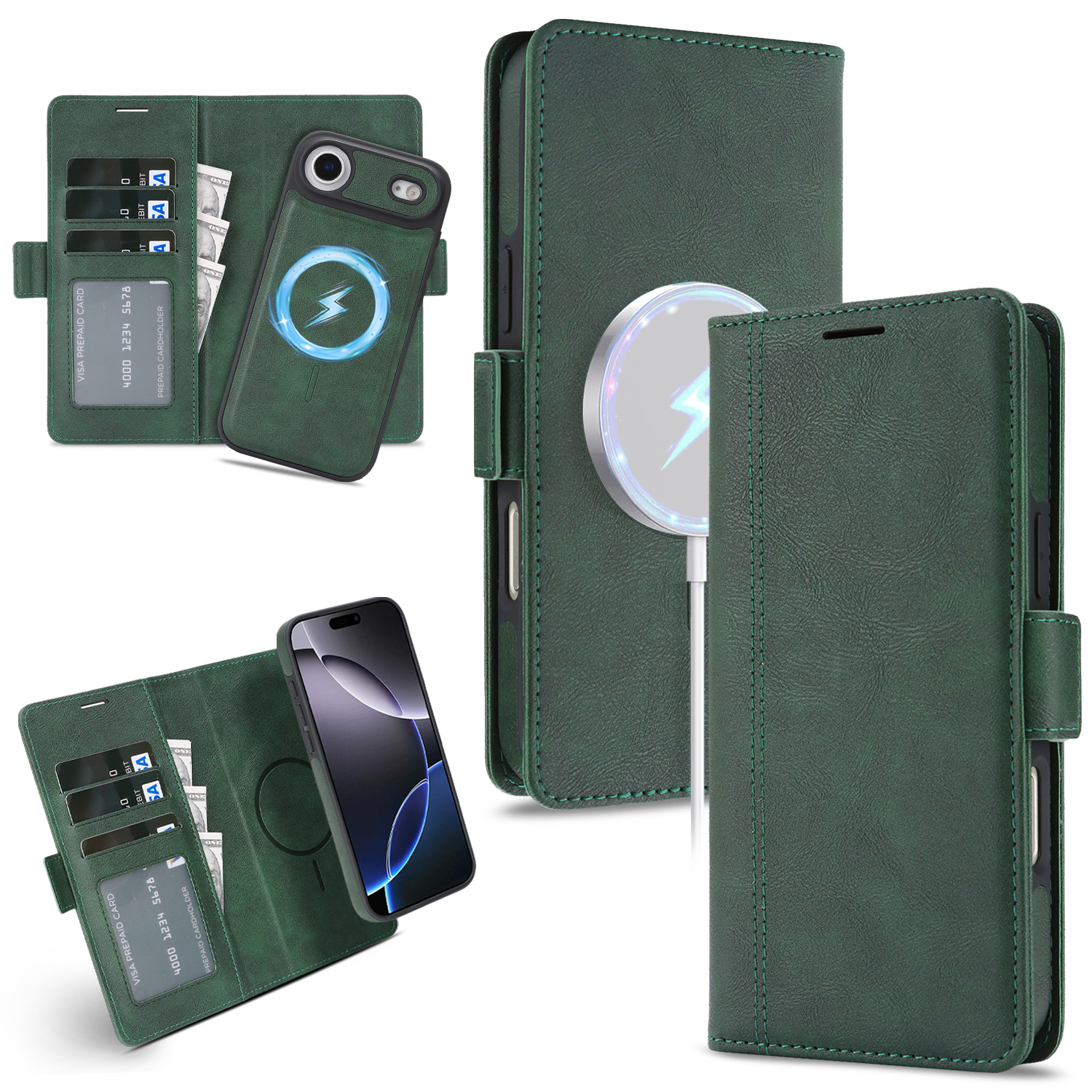 For iPhone Air Case Detachable 2 in 1 Leather Wallet Phone Cover Compatible with MagSafe - Green
