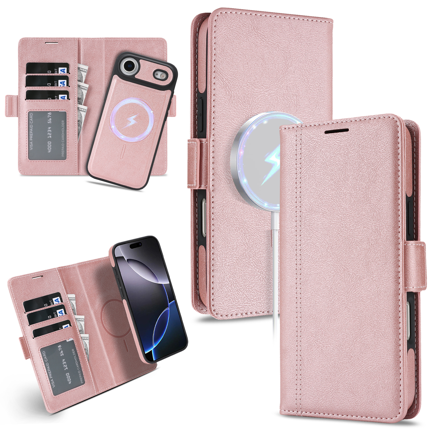 For iPhone Air Case Detachable 2 in 1 Leather Wallet Phone Cover Compatible with MagSafe - Pink