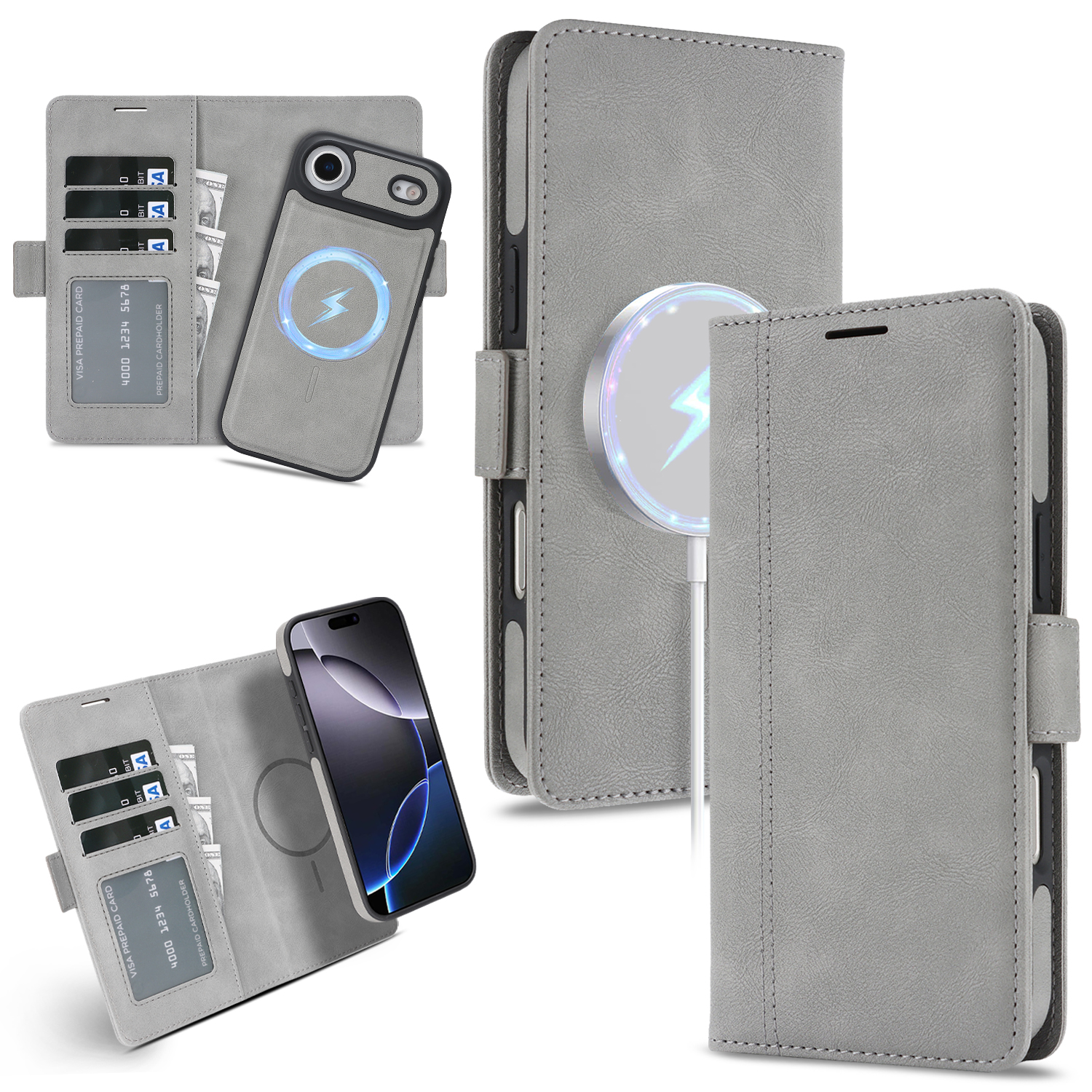 For iPhone Air Case Detachable 2 in 1 Leather Wallet Phone Cover Compatible with MagSafe - Grey