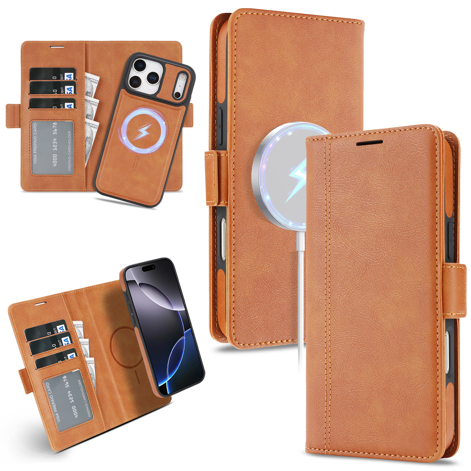 For iPhone 17 Pro Case Detachable 2 in 1 Leather Wallet Phone Cover Compatible with MagSafe - Brown