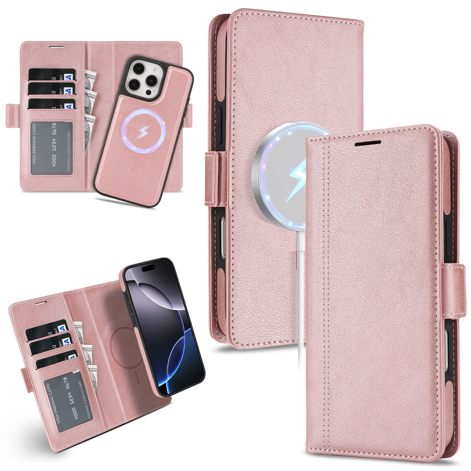 For iPhone 13 Pro Max Case Detachable 2 in 1 Leather Wallet Phone Cover Compatible with MagSafe - Pink
