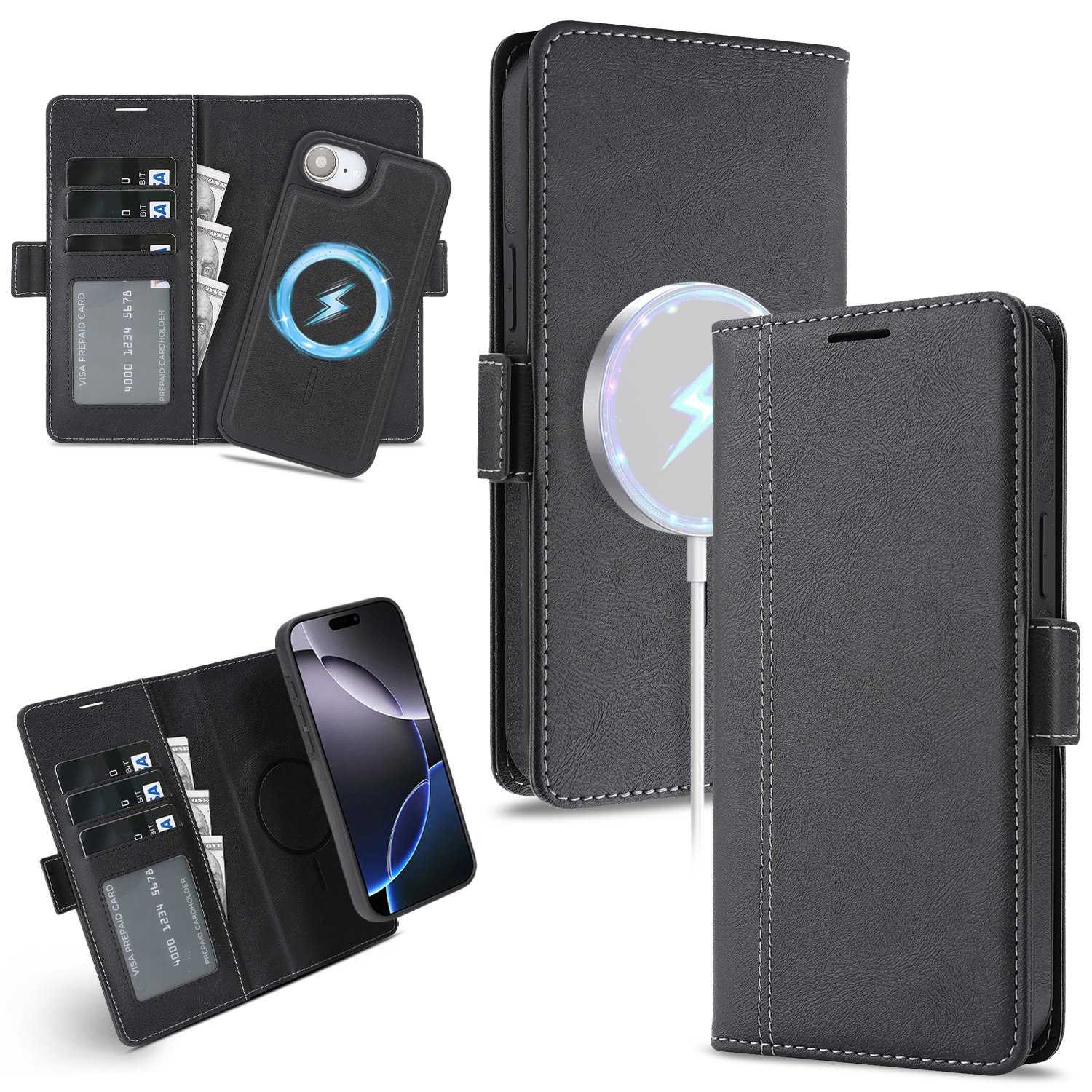 For iPhone 16e Case Detachable 2 in 1 Leather Wallet Phone Cover Compatible with MagSafe - Black