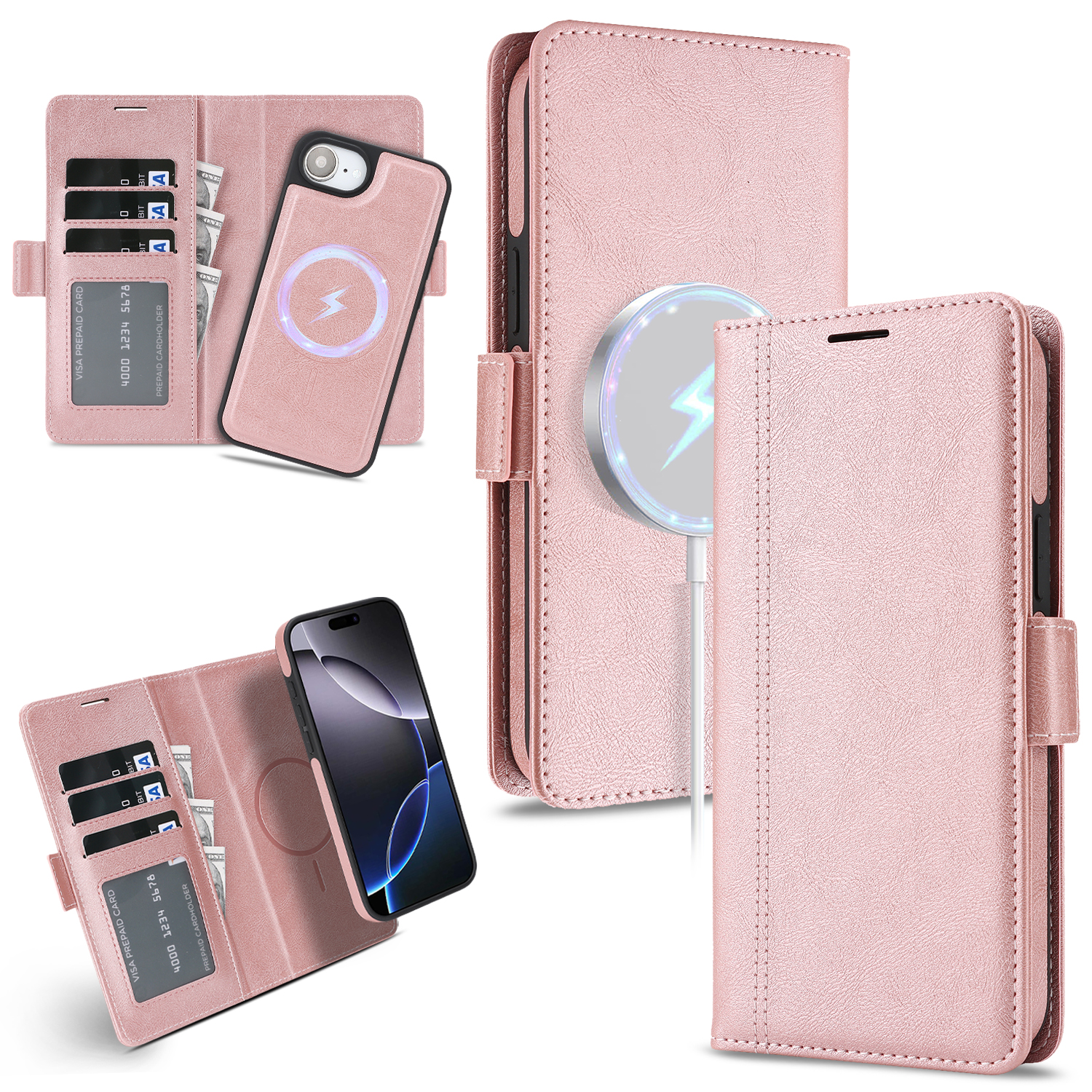 For iPhone 16e Case Detachable 2 in 1 Leather Wallet Phone Cover Compatible with MagSafe - Pink