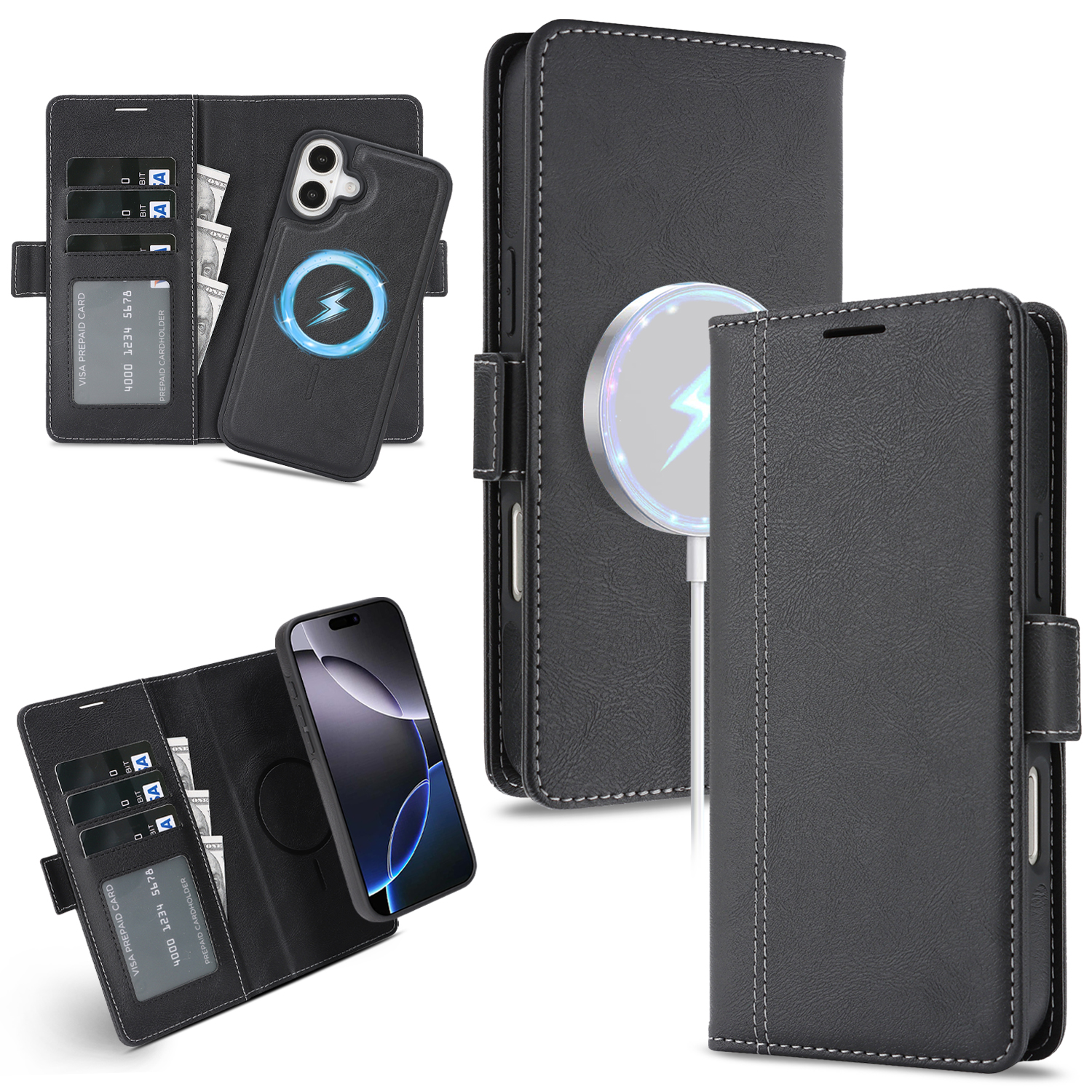For iPhone 16 Case Detachable 2 in 1 Leather Wallet Phone Cover Compatible with MagSafe - Black