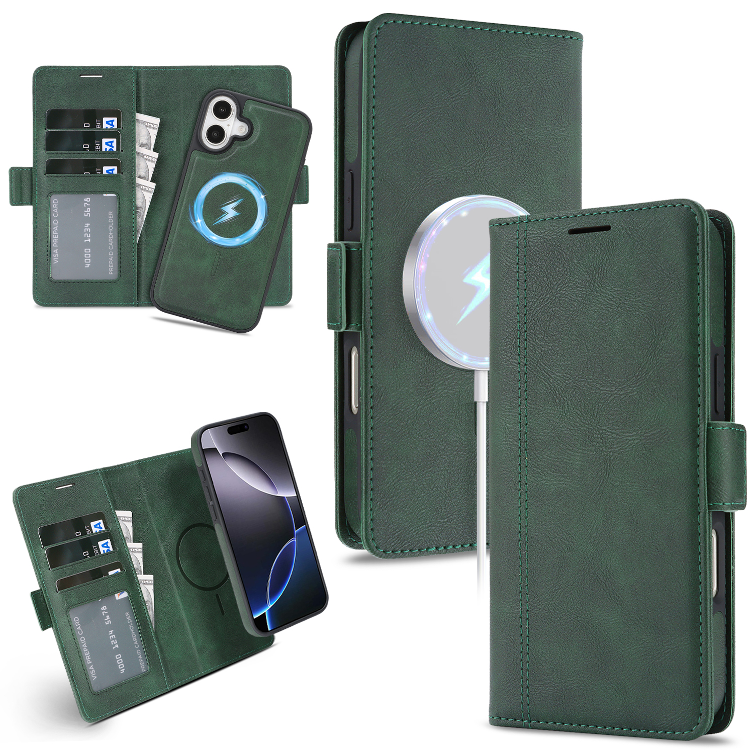 For iPhone 16 Case Detachable 2 in 1 Leather Wallet Phone Cover Compatible with MagSafe - Green