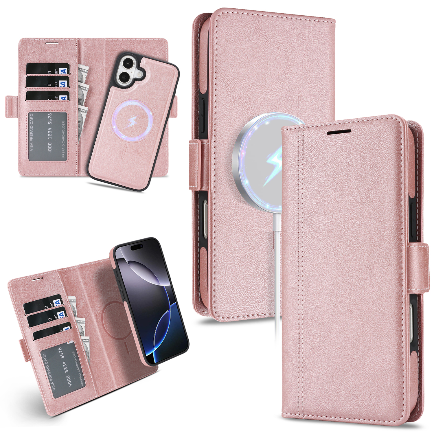 For iPhone 16 Case Detachable 2 in 1 Leather Wallet Phone Cover Compatible with MagSafe - Pink