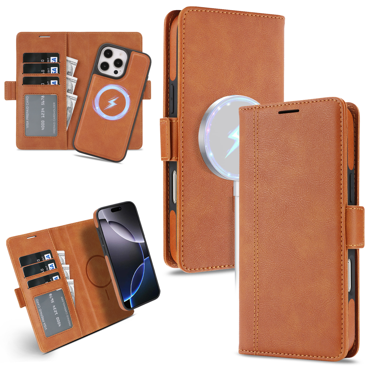 For iPhone 15 Pro Case Detachable 2 in 1 Leather Wallet Phone Cover Compatible with MagSafe - Brown
