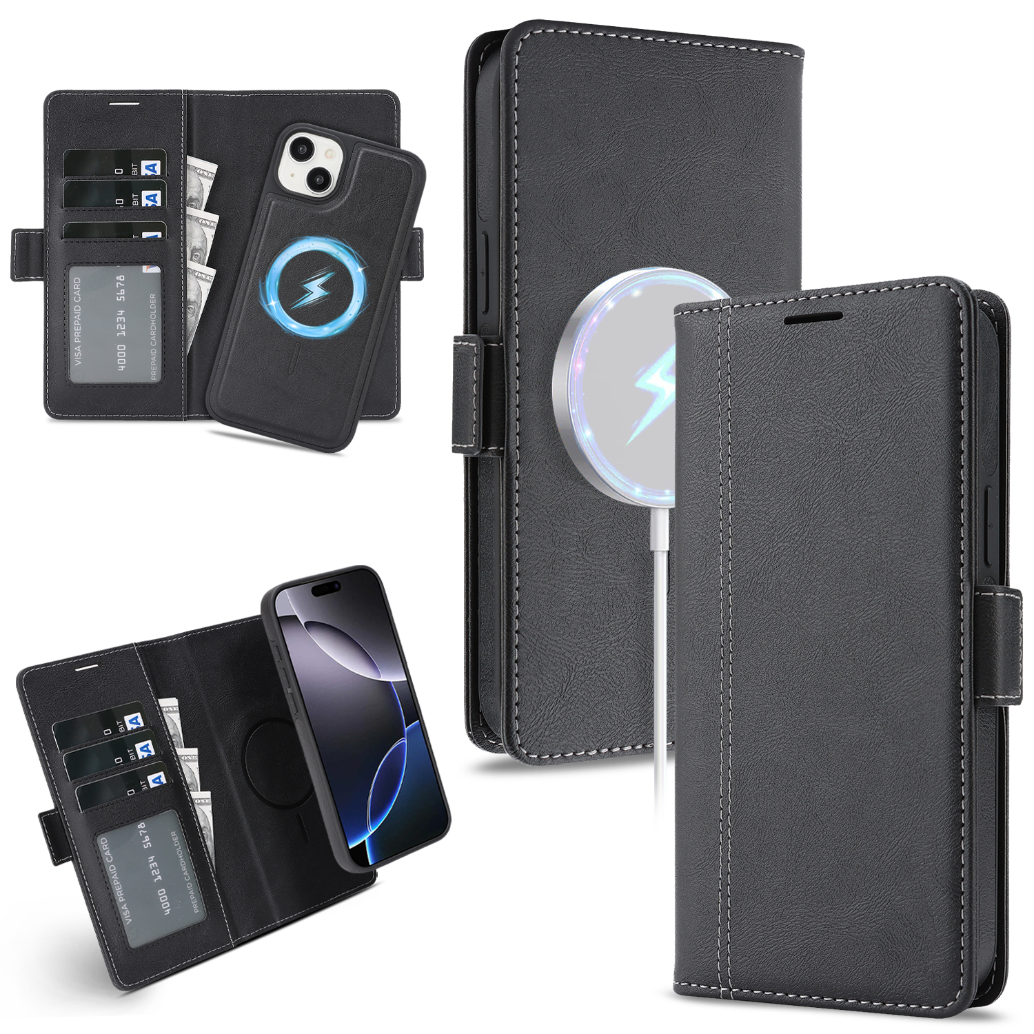 For iPhone 15 Case Detachable 2 in 1 Leather Wallet Phone Cover Compatible with MagSafe - Black