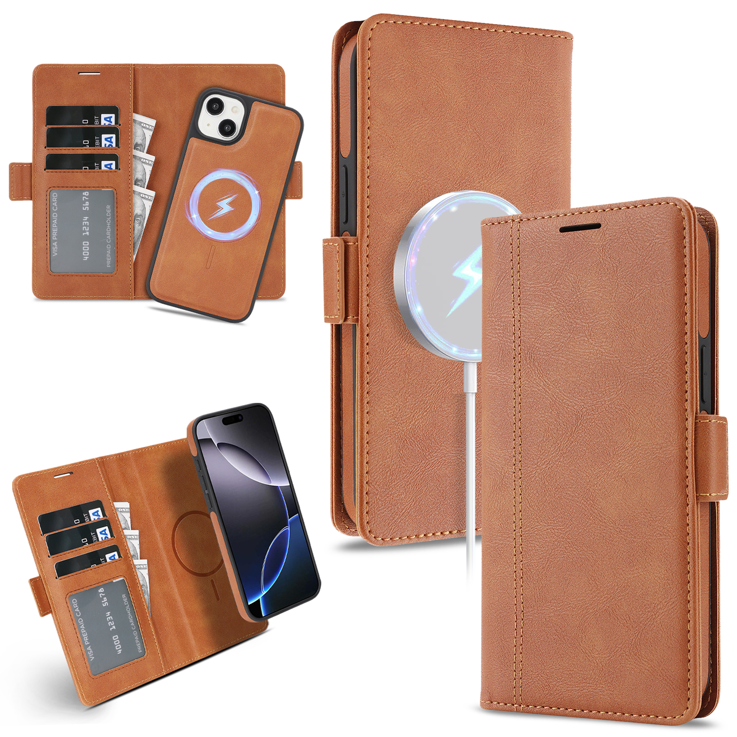 For iPhone 15 Case Detachable 2 in 1 Leather Wallet Phone Cover Compatible with MagSafe - Brown