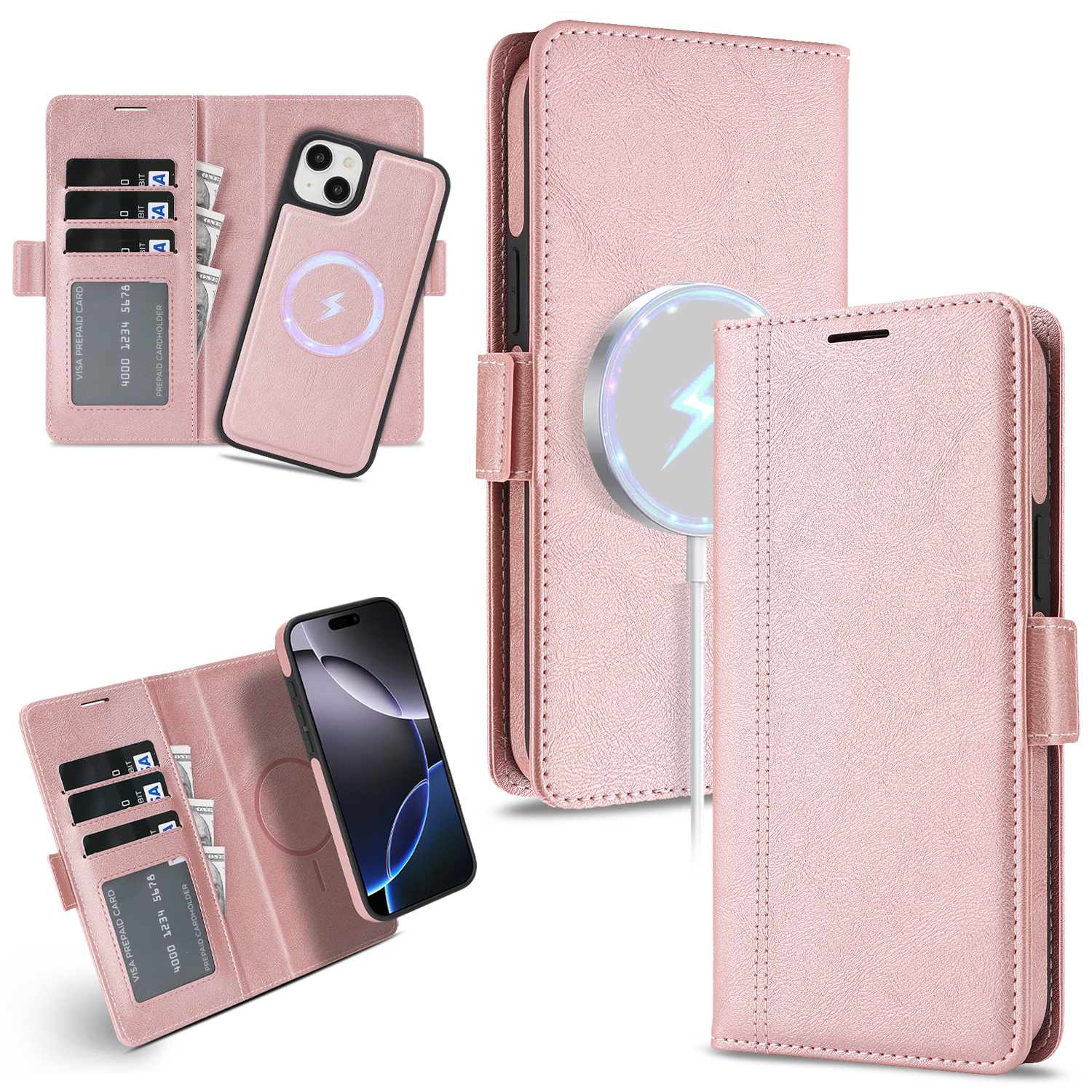 For iPhone 15 Case Detachable 2 in 1 Leather Wallet Phone Cover Compatible with MagSafe - Pink
