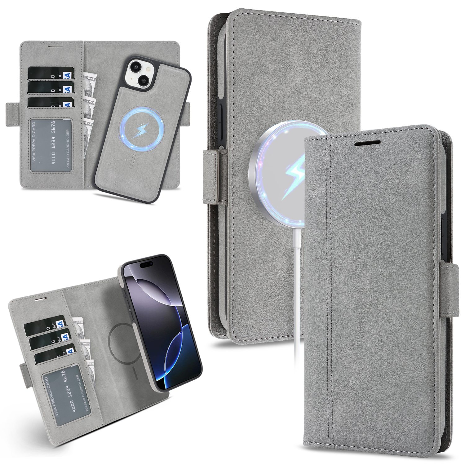 For iPhone 15 Case Detachable 2 in 1 Leather Wallet Phone Cover Compatible with MagSafe - Grey