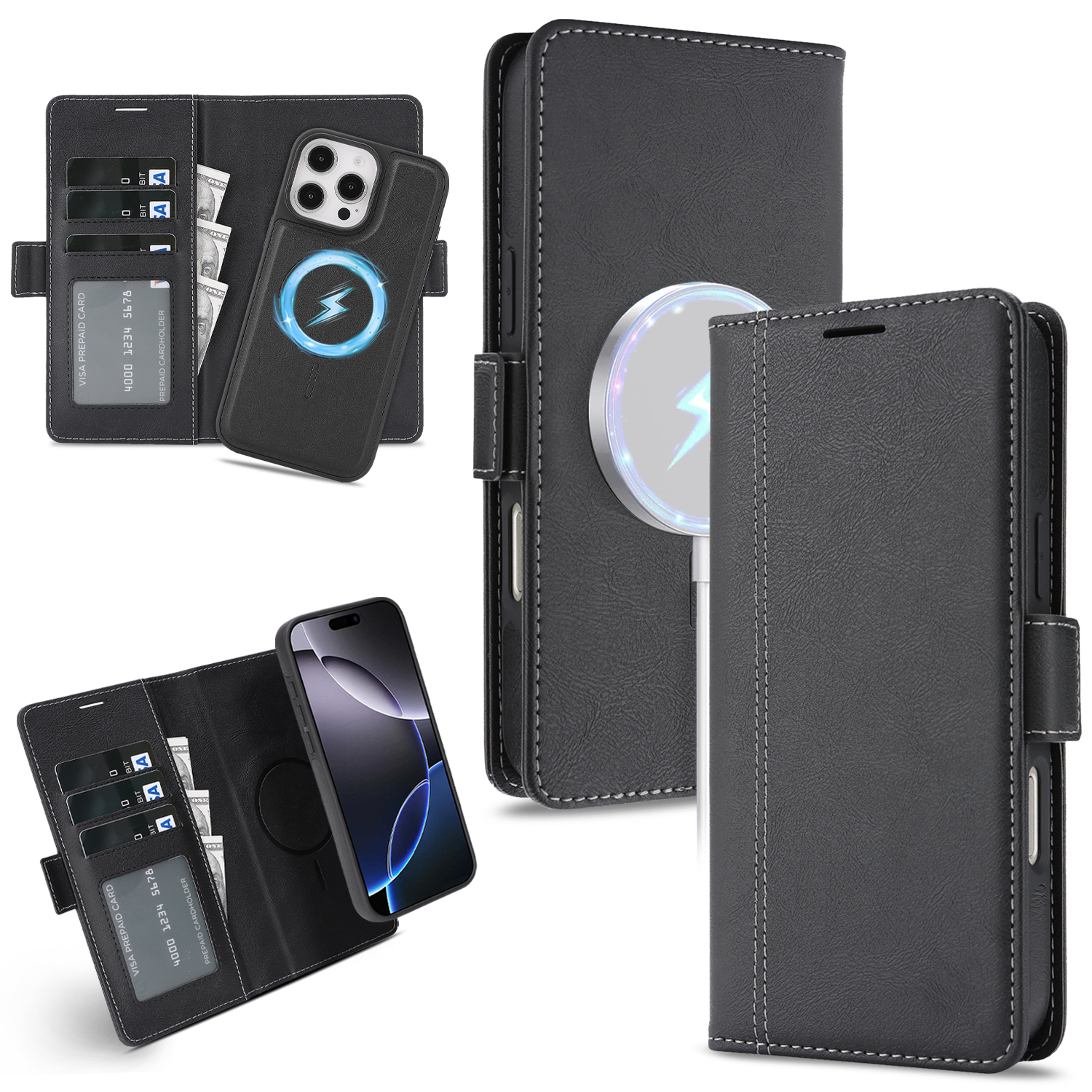 For iPhone 15 Pro Max Case Detachable 2 in 1 Leather Wallet Phone Cover Compatible with MagSafe - Black