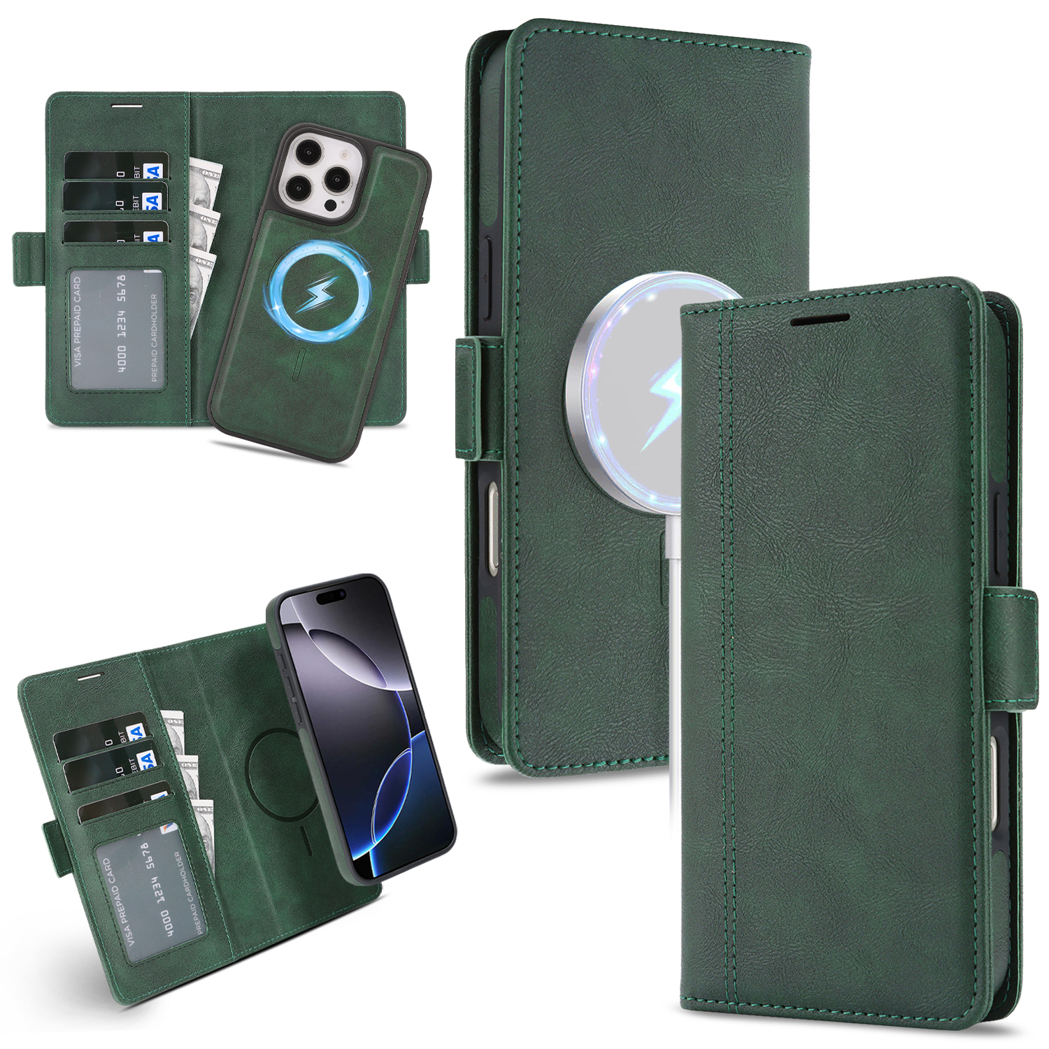 For iPhone 14 Pro Max Case Detachable 2 in 1 Leather Wallet Phone Cover Compatible with MagSafe - Green