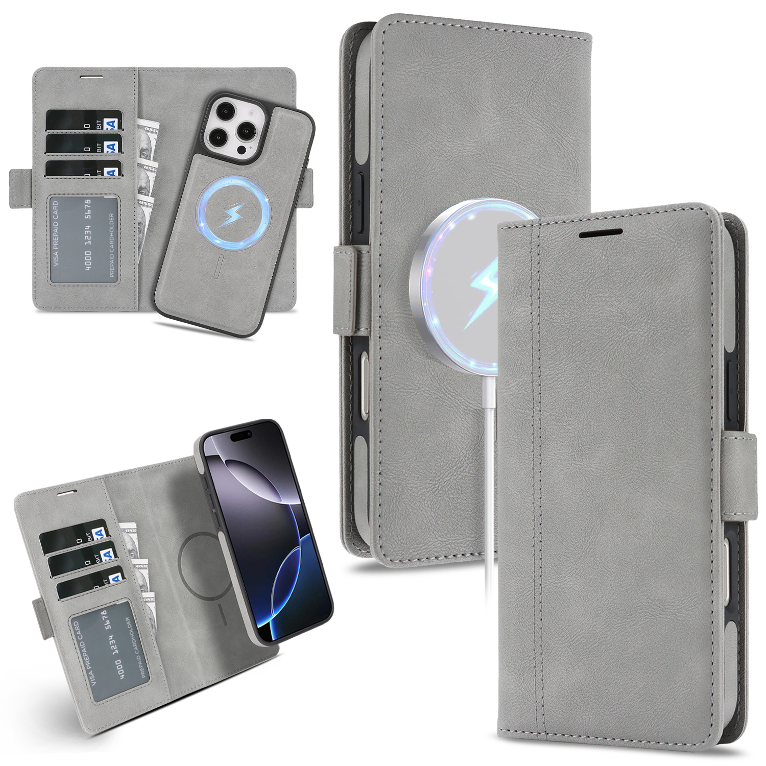 For iPhone 13 Pro Case Detachable 2 in 1 Leather Wallet Phone Cover Compatible with MagSafe - Grey