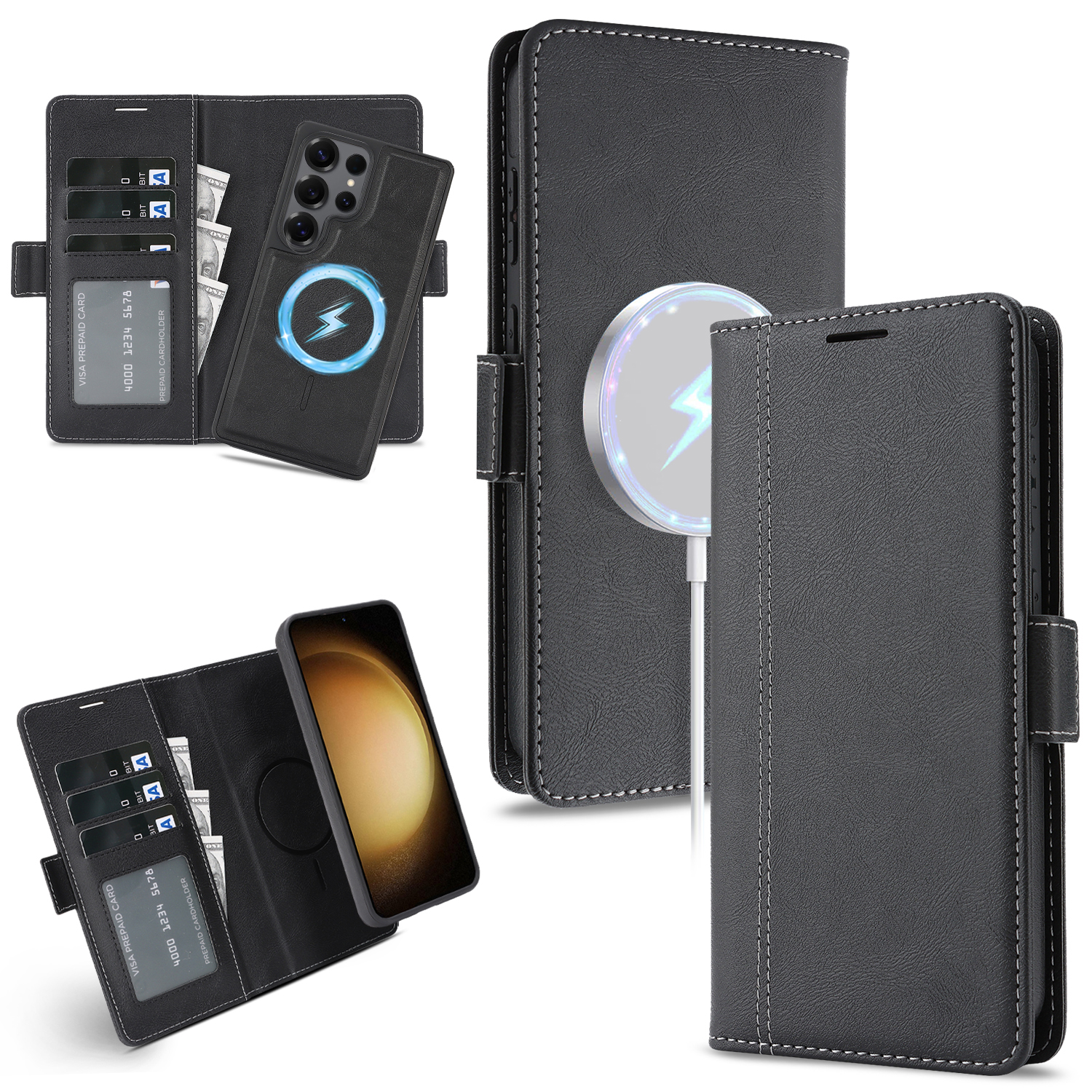 For Samsung Galaxy S23 Ultra Case Detachable 2 in 1 Leather Wallet Phone Cover Magnetic Case - Black