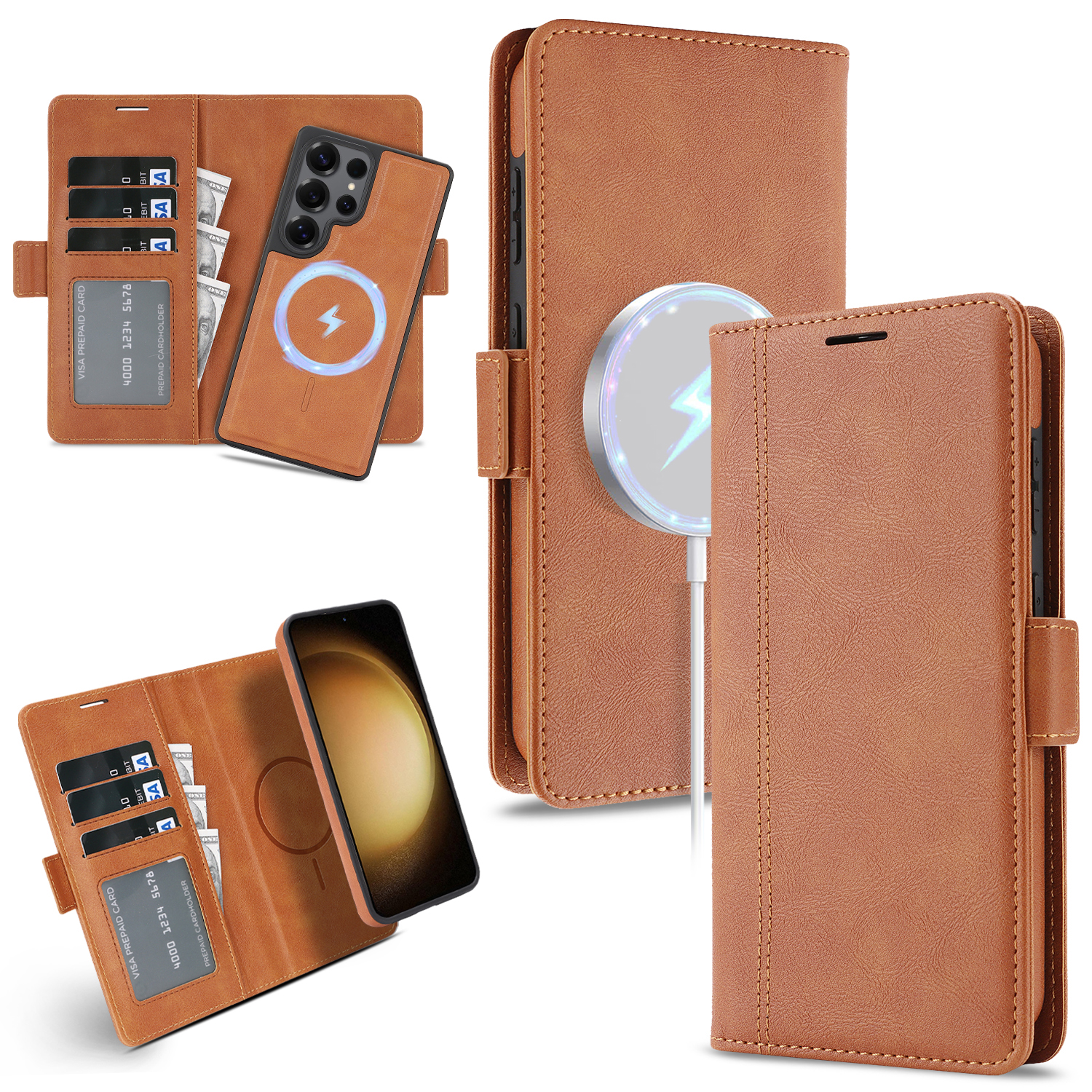 For Samsung Galaxy S23 Ultra Case Detachable 2 in 1 Leather Wallet Phone Cover Magnetic Case - Brown