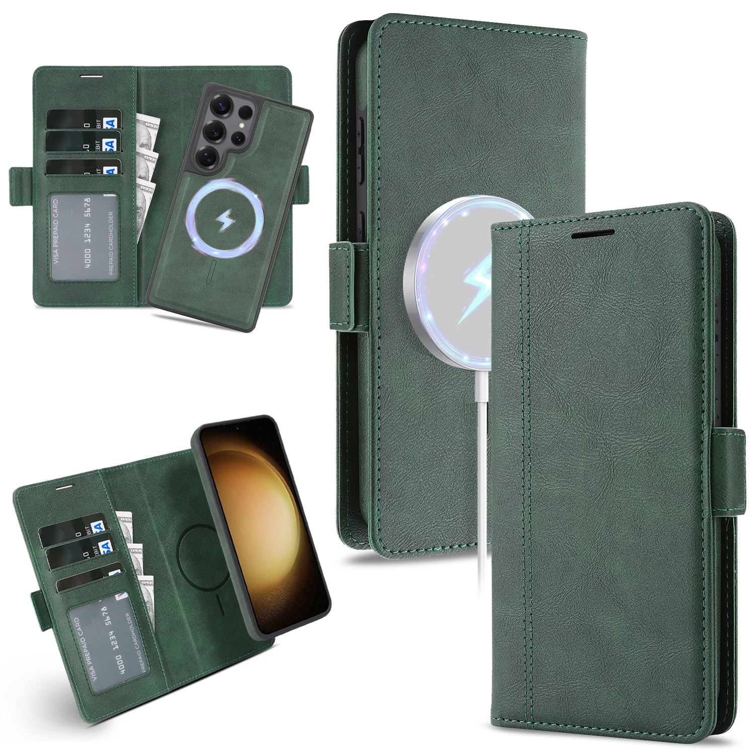 For Samsung Galaxy S23 Ultra Case Detachable 2 in 1 Leather Wallet Phone Cover Magnetic Case - Green
