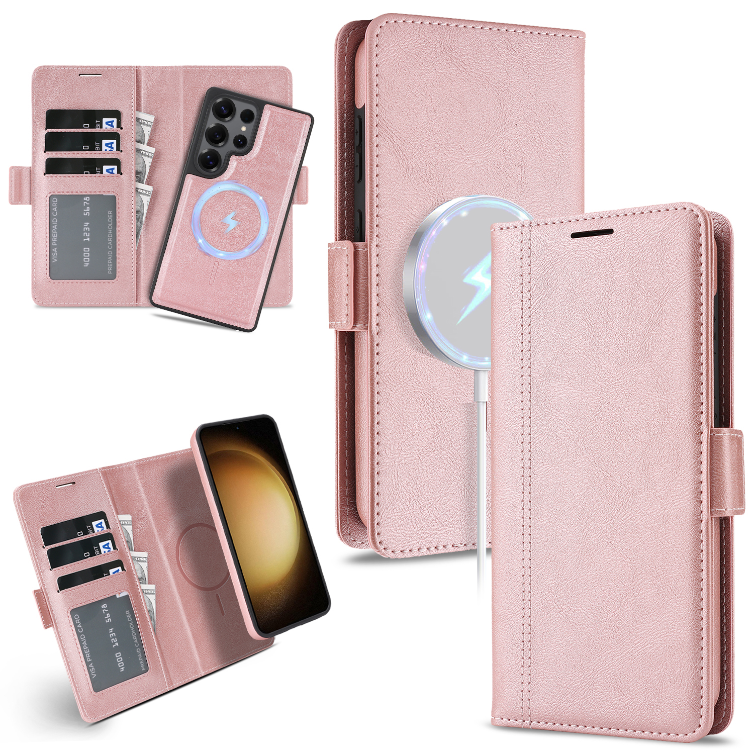 For Samsung Galaxy S23 Ultra Case Detachable 2 in 1 Leather Wallet Phone Cover Magnetic Case - Pink