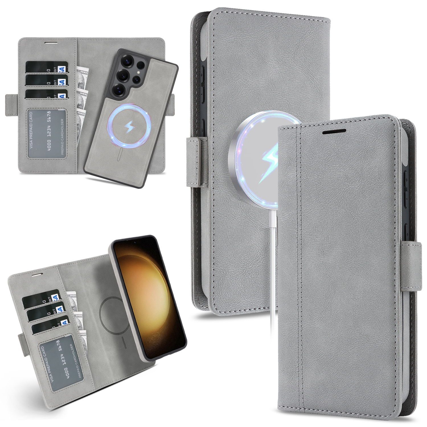 For Samsung Galaxy S23 Ultra Case Detachable 2 in 1 Leather Wallet Phone Cover Magnetic Case - Grey
