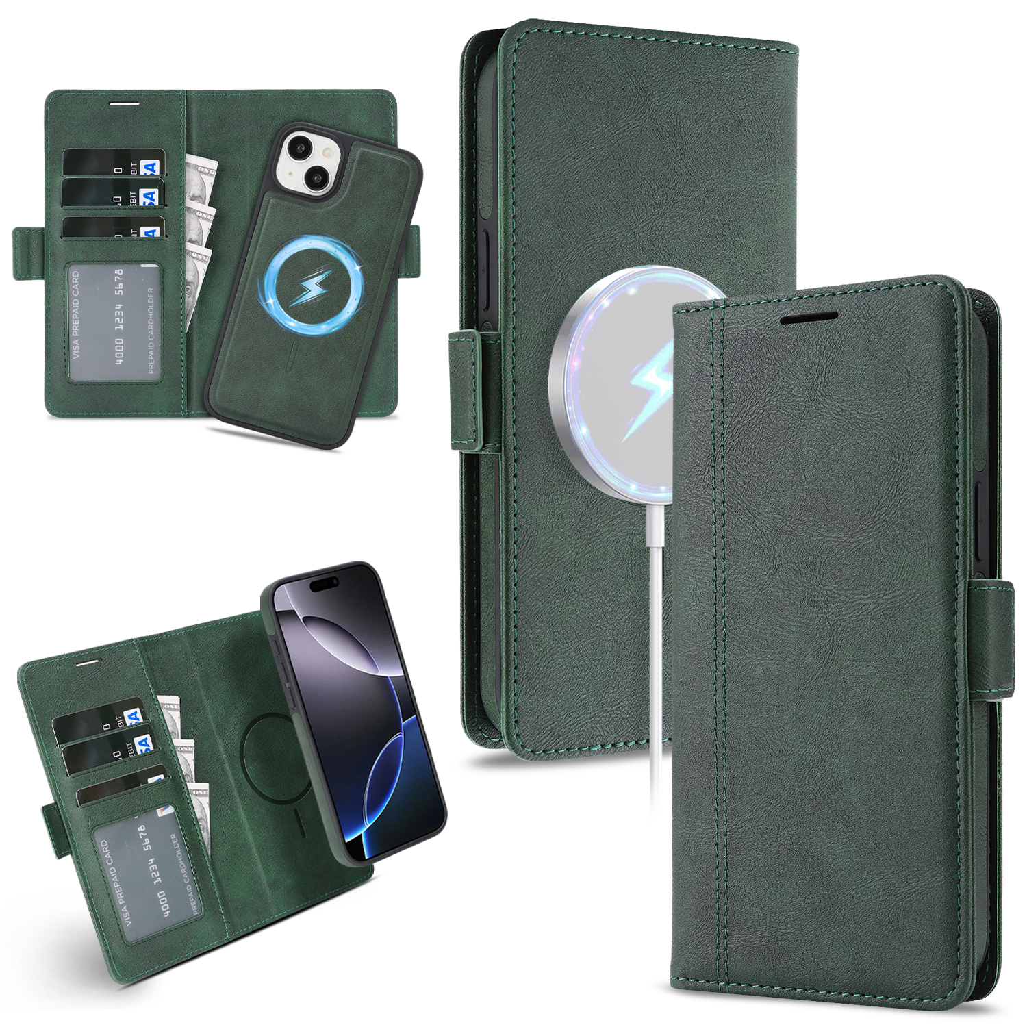 For iPhone 13 Case Detachable 2 in 1 Leather Wallet Phone Cover Compatible with MagSafe - Green