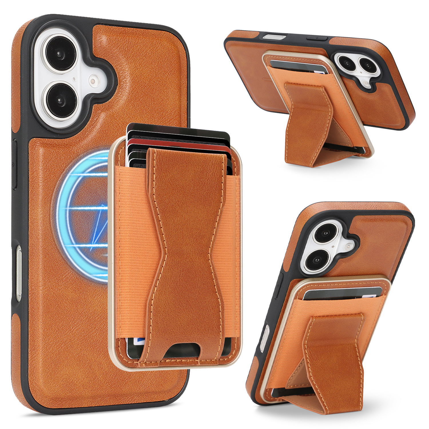 For iPhone 17 Case Compatible with MagSafe Leather Back Phone Cover with Detachable Card Holder Kickstand - Brown
