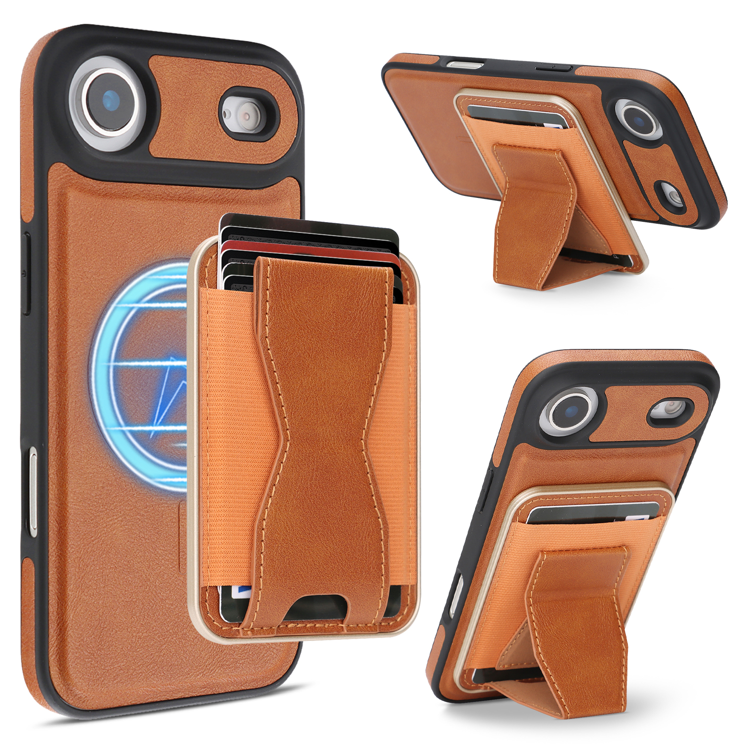 For iPhone Air Case Compatible with MagSafe Leather Back Phone Cover with Detachable Card Holder Kickstand - Brown