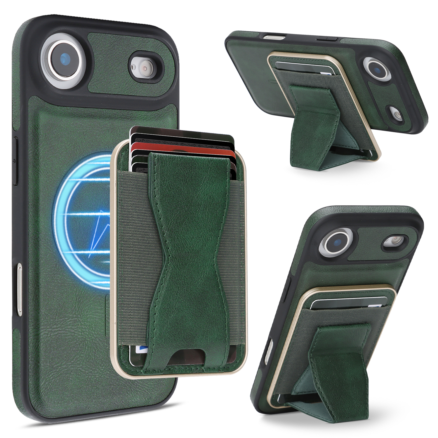 For iPhone Air Case Compatible with MagSafe Leather Back Phone Cover with Detachable Card Holder Kickstand - Dark Green