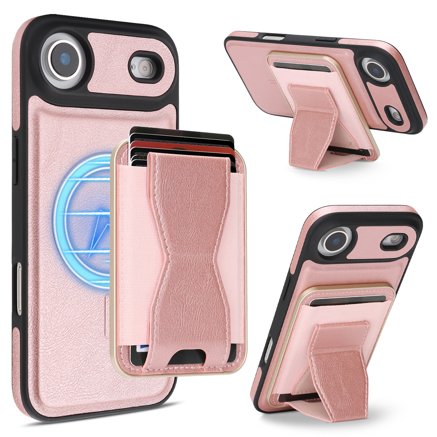 For iPhone Air Case Compatible with MagSafe Leather Back Phone Cover with Detachable Card Holder Kickstand - Rose Gold