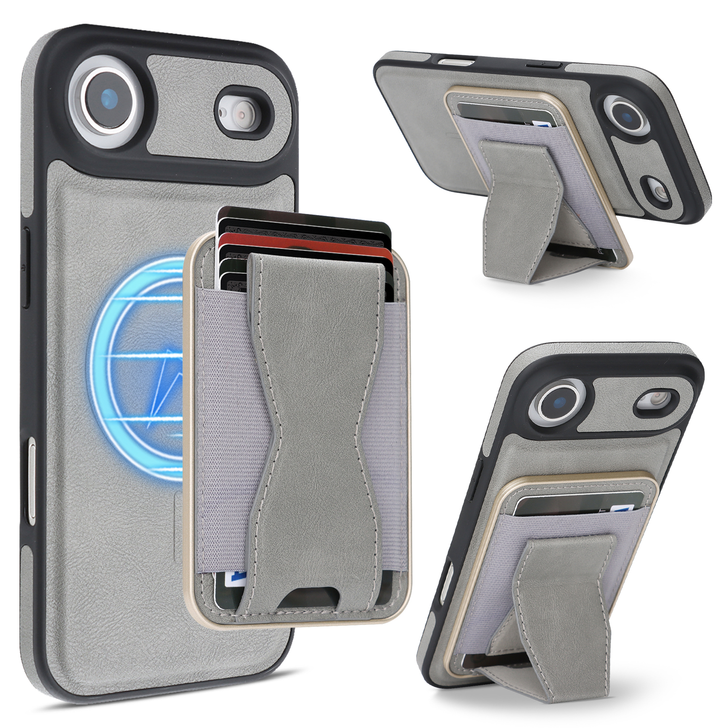 For iPhone Air Case Compatible with MagSafe Leather Back Phone Cover with Detachable Card Holder Kickstand - Light Grey