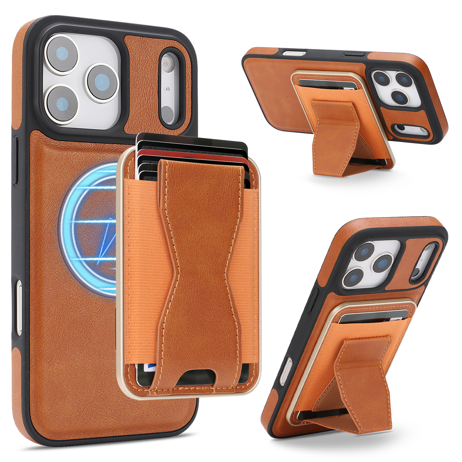 For iPhone 17 Pro Case Compatible with MagSafe Leather Back Phone Cover with Detachable Card Holder Kickstand - Brown