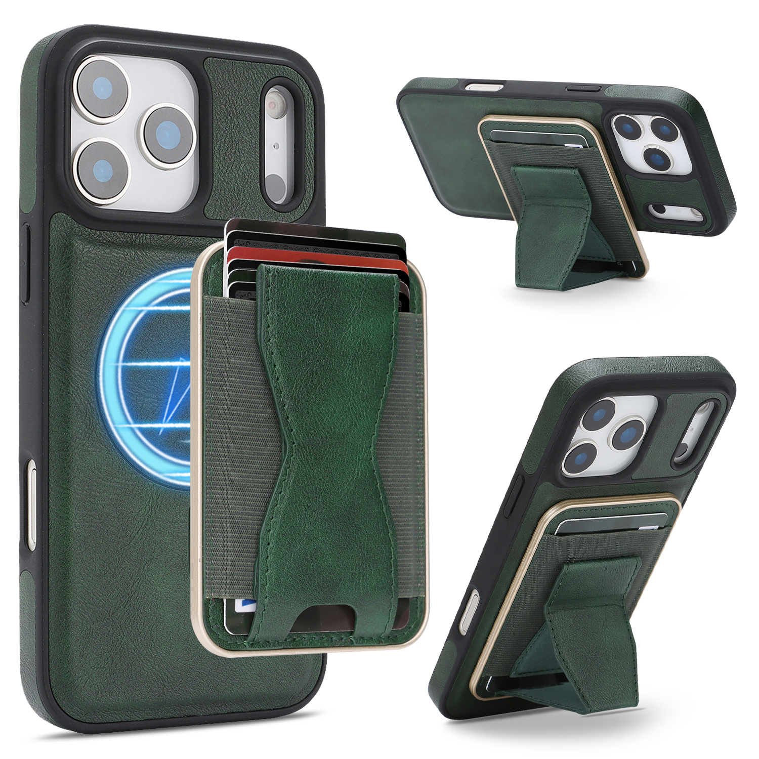 For iPhone 17 Pro Case Compatible with MagSafe Leather Back Phone Cover with Detachable Card Holder Kickstand - Dark Green