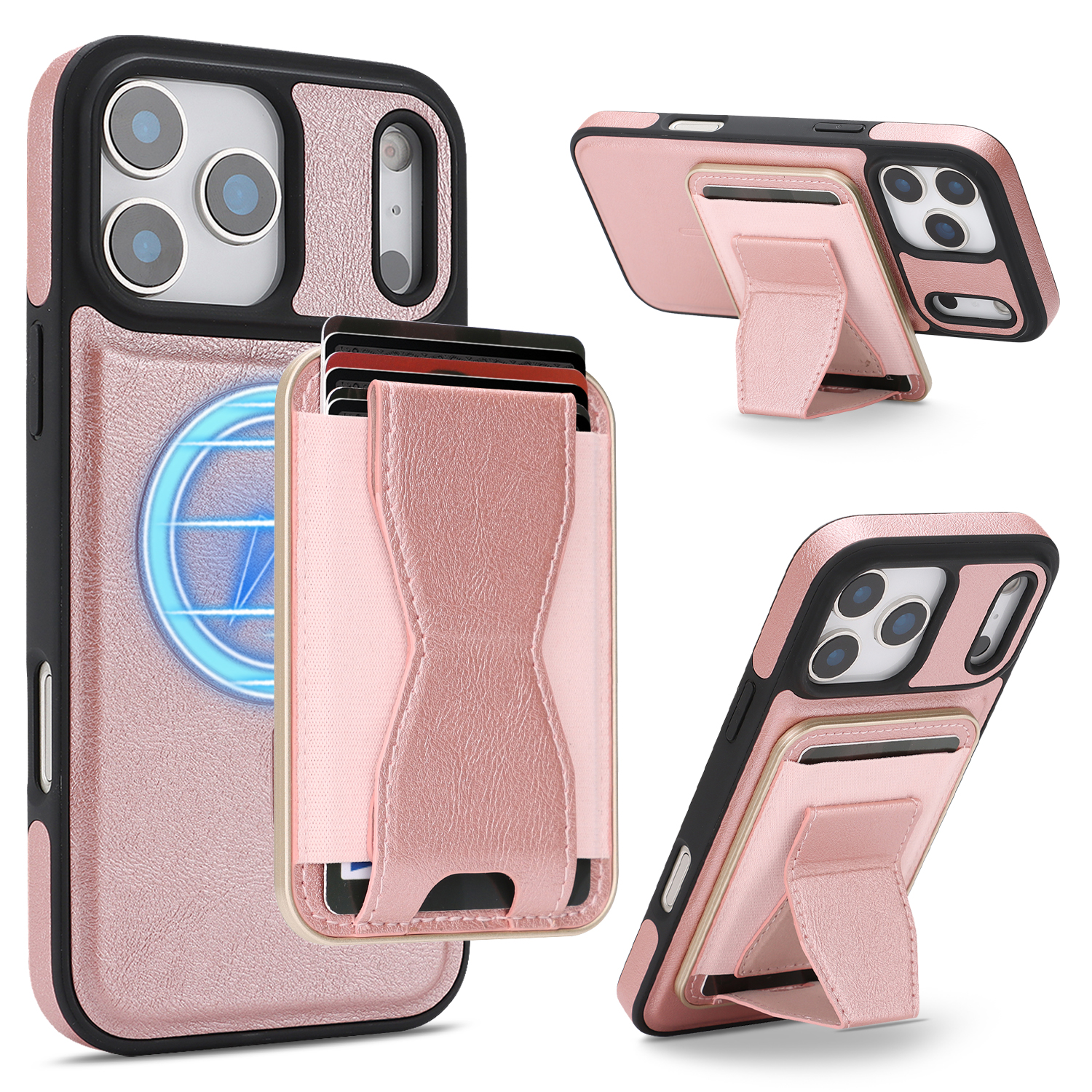 For iPhone 17 Pro Case Compatible with MagSafe Leather Back Phone Cover with Detachable Card Holder Kickstand - Rose Gold