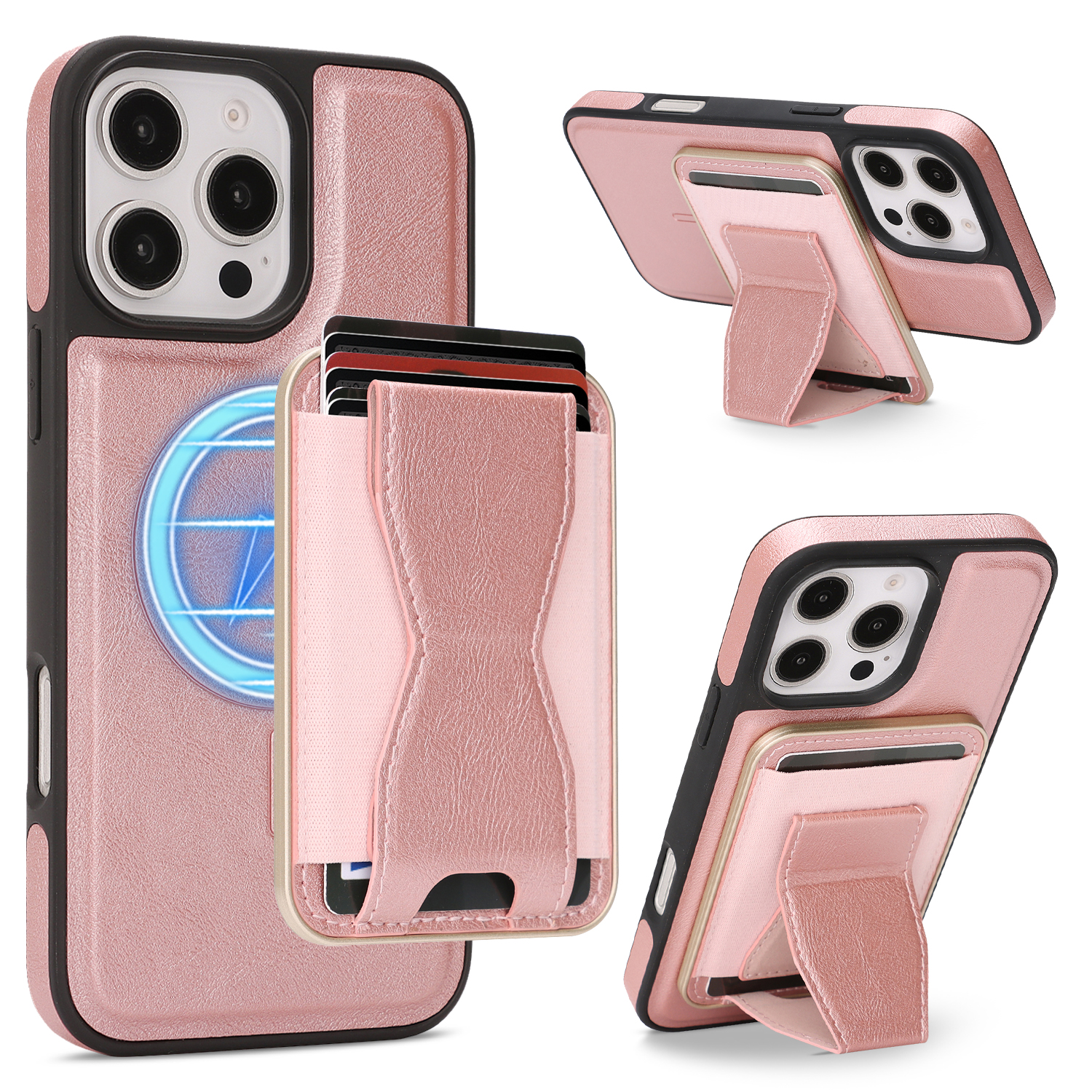 For iPhone 16 Pro Max Case Compatible with MagSafe Leather Back Phone Cover with Detachable Card Holder Kickstand - Rose Gold