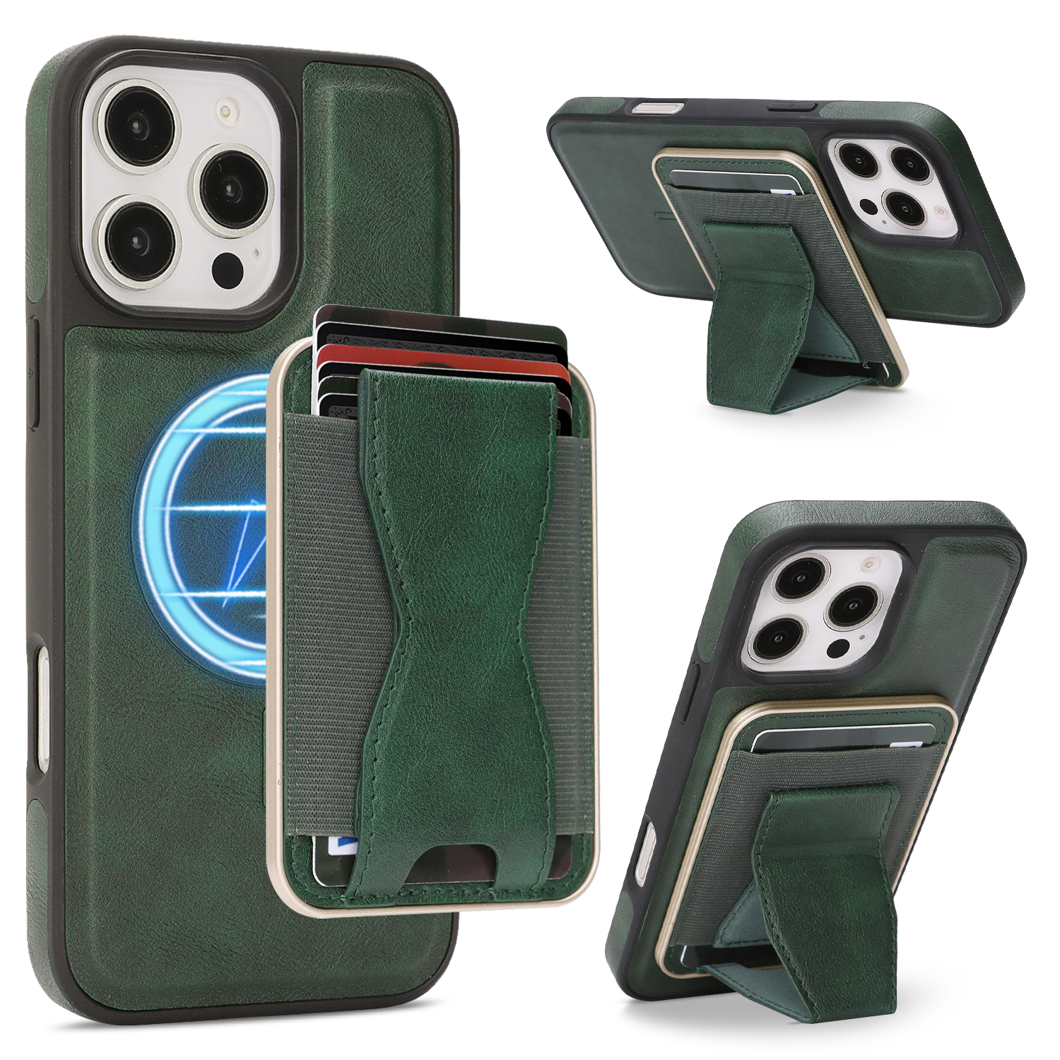 For iPhone 14 Pro Case Compatible with MagSafe Leather Back Phone Cover with Detachable Card Holder Kickstand - Dark Green