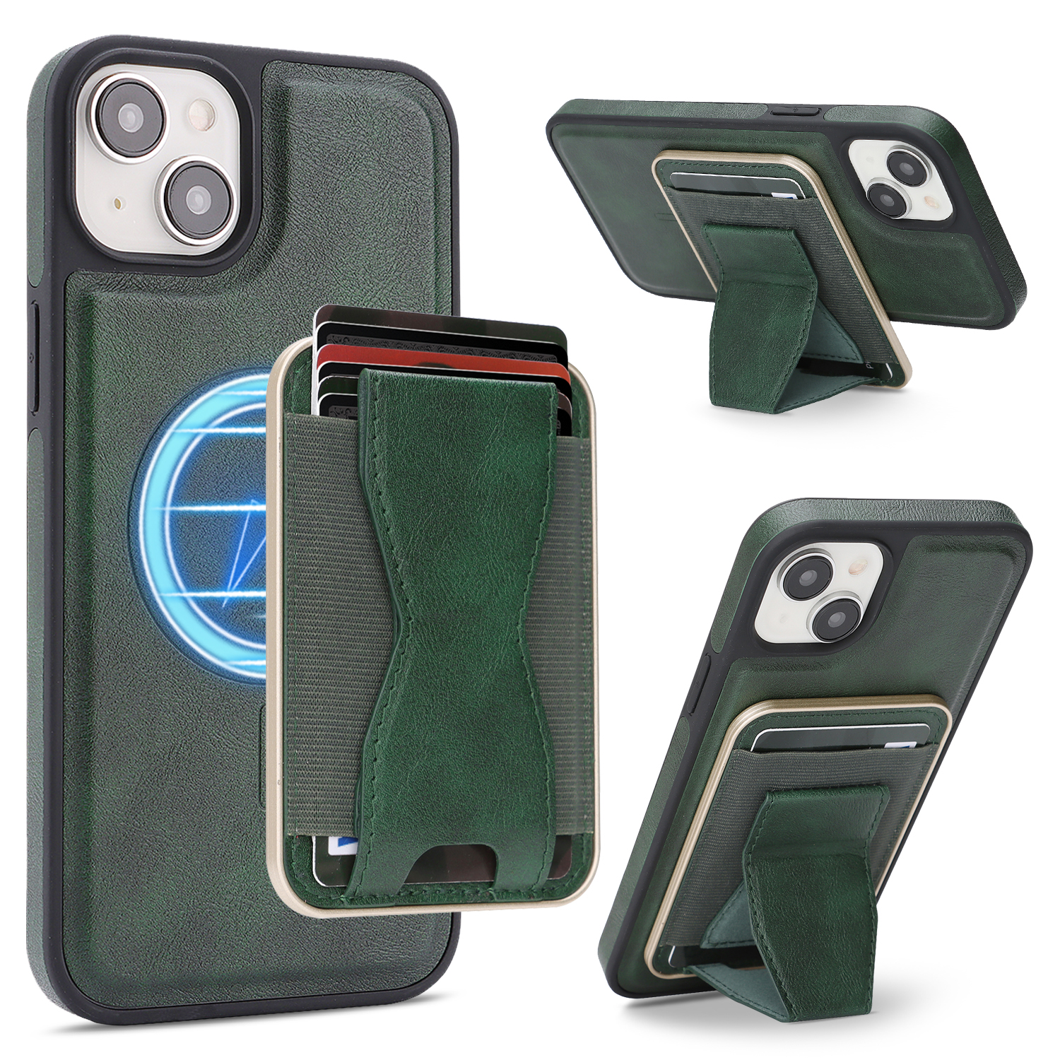 For iPhone 15 Case Compatible with MagSafe Leather Back Phone Cover with Detachable Card Holder Kickstand - Dark Green