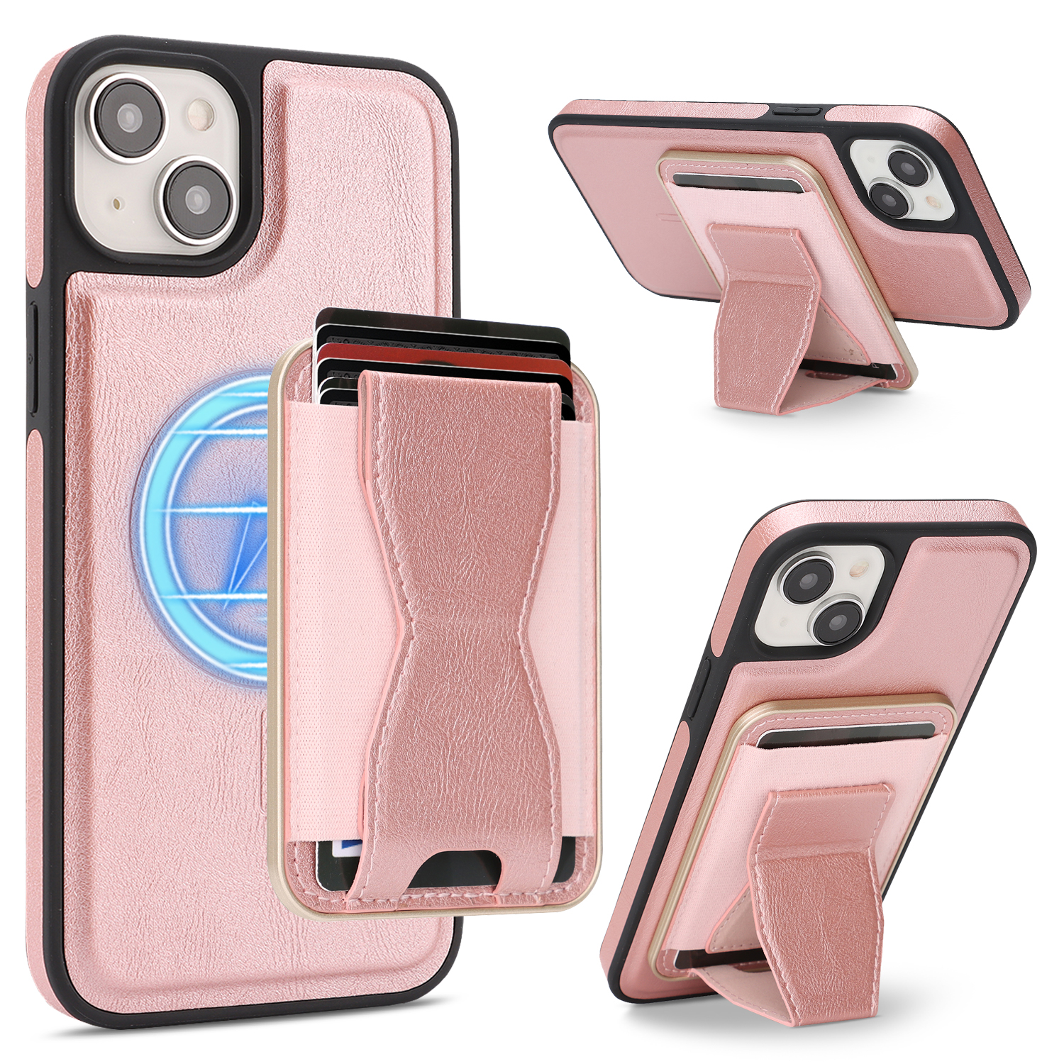 For iPhone 15 Case Compatible with MagSafe Leather Back Phone Cover with Detachable Card Holder Kickstand - Rose Gold
