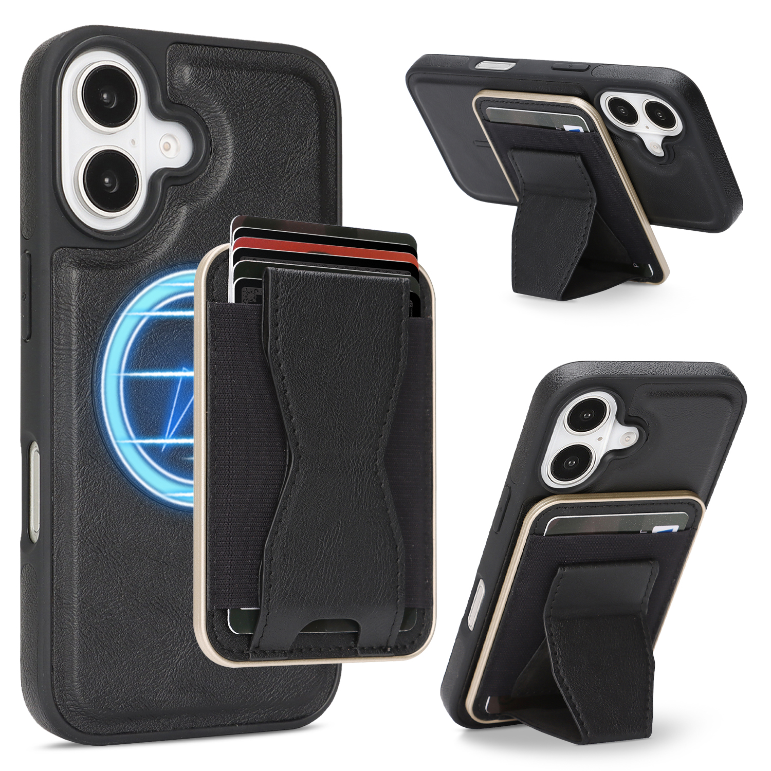 For iPhone 16 Case Compatible with MagSafe Leather Back Phone Cover with Detachable Card Holder Kickstand - Black