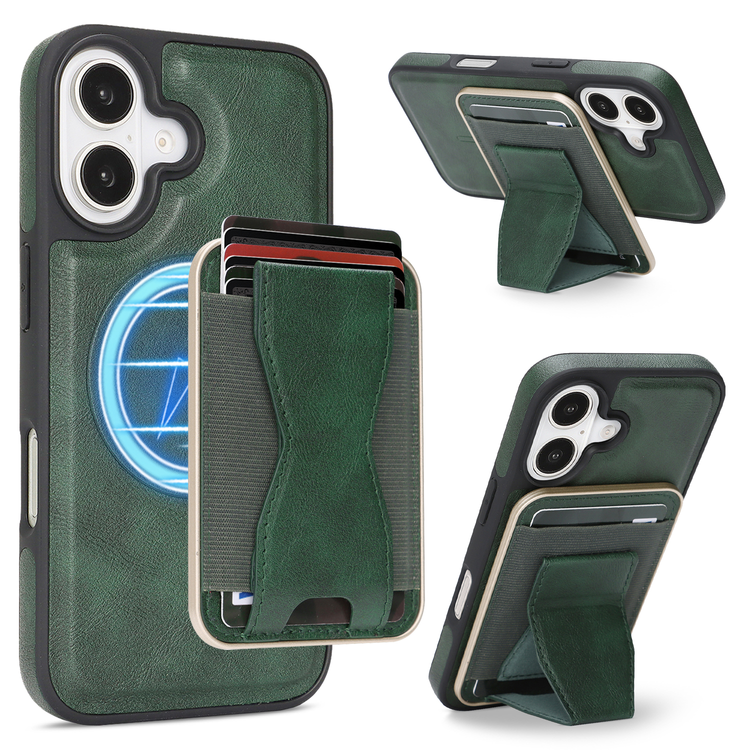 For iPhone 16 Case Compatible with MagSafe Leather Back Phone Cover with Detachable Card Holder Kickstand - Dark Green